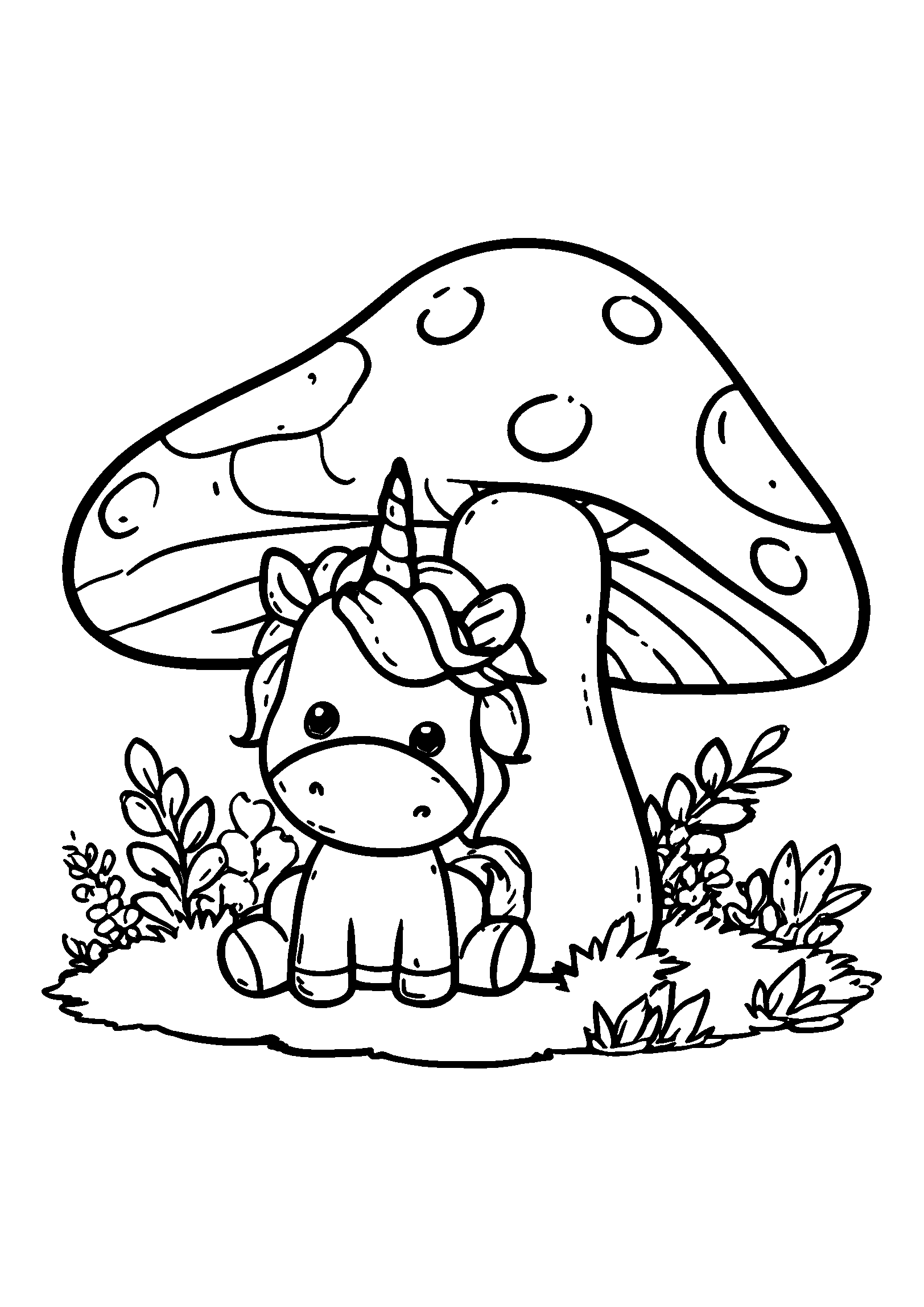 Unicorn Hiding Behind a Large Mushroom in the Woods coloring page