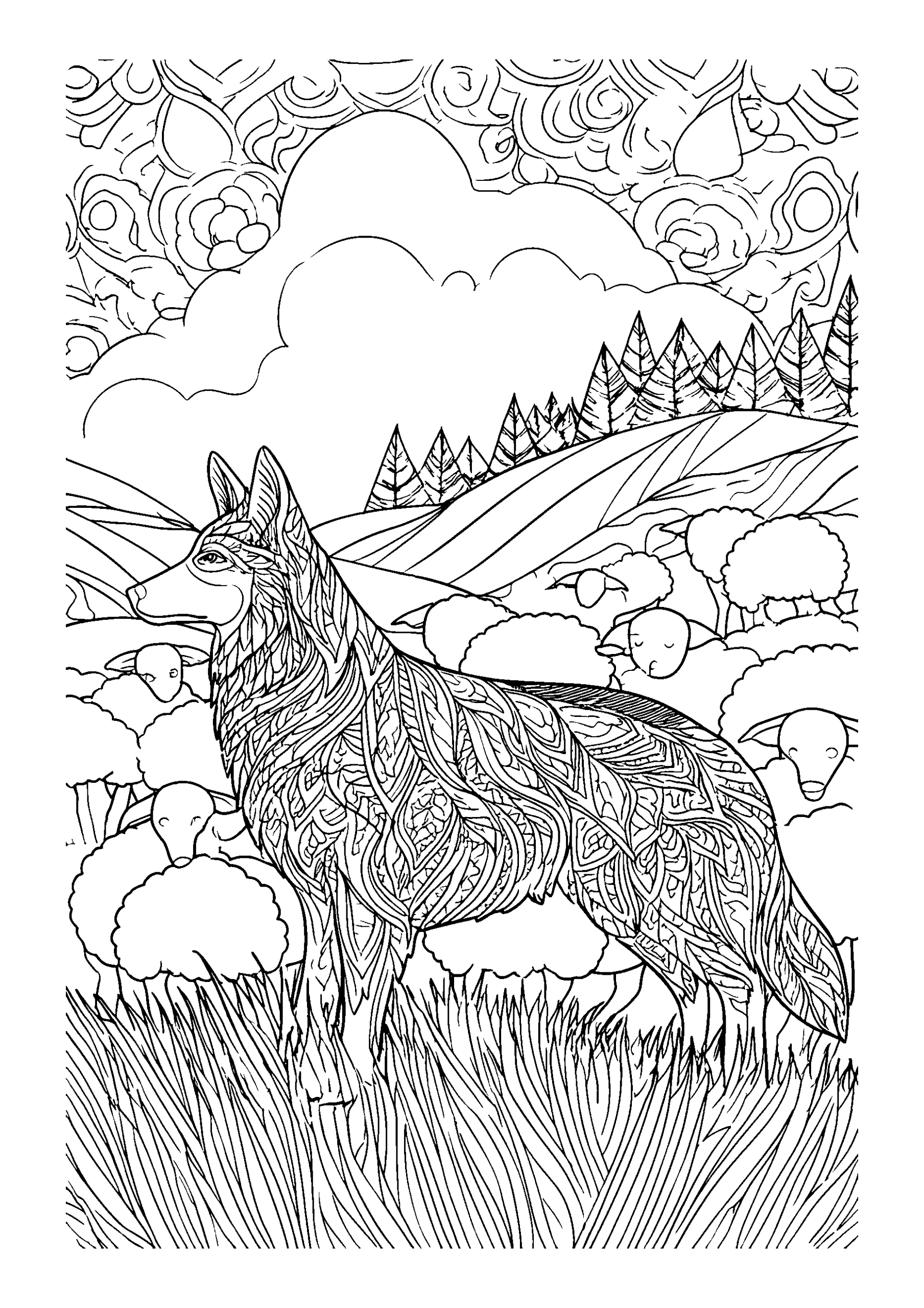 Shepherd Dog Guiding Sheep in a Hilly Pasture coloring page