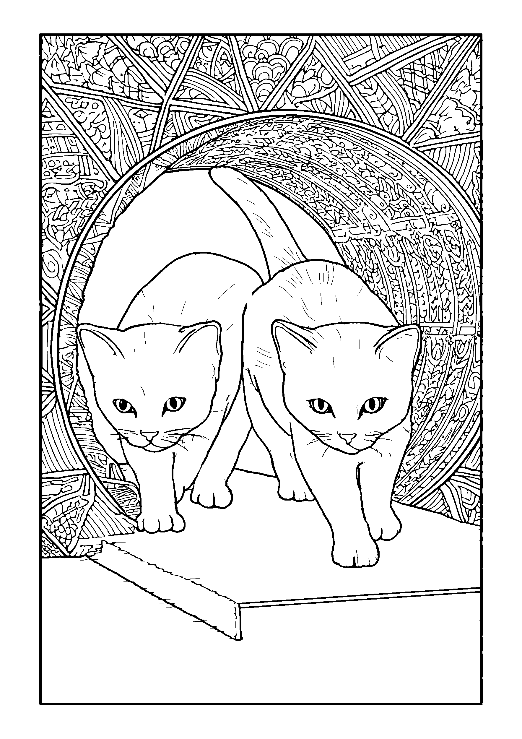 Cats Exploring a Cardboard Tunnel on the Floor coloring page