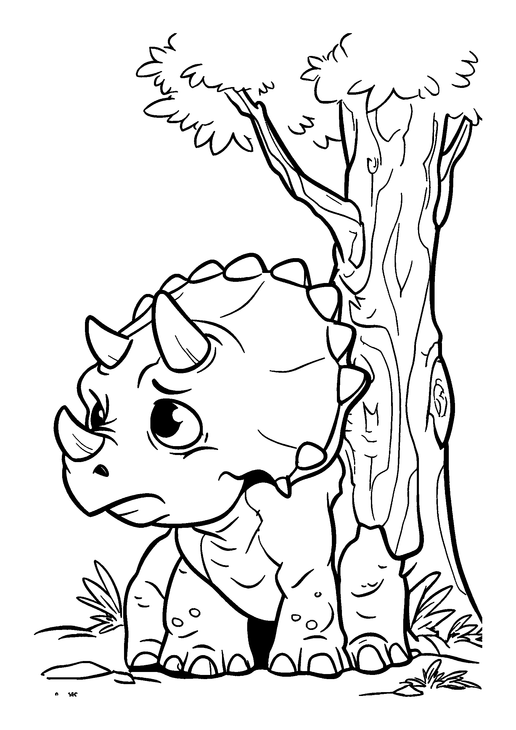 Frightened Triceratops Hiding Behind a Tree coloring page