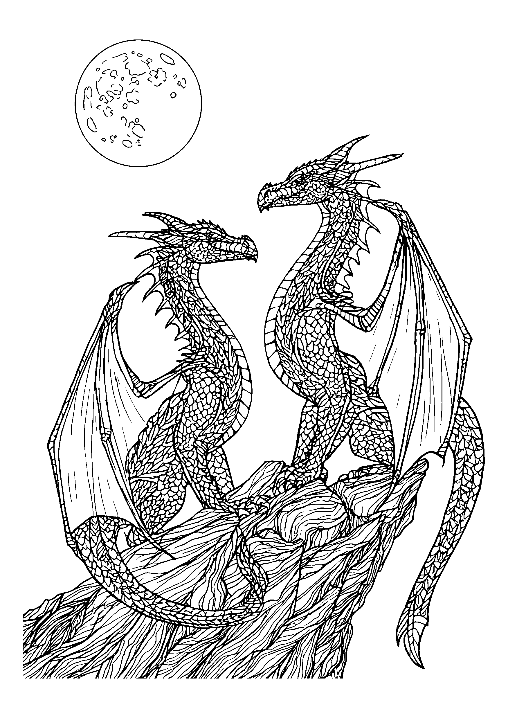 Dragons Looking at the Moon from a Cliff coloring page