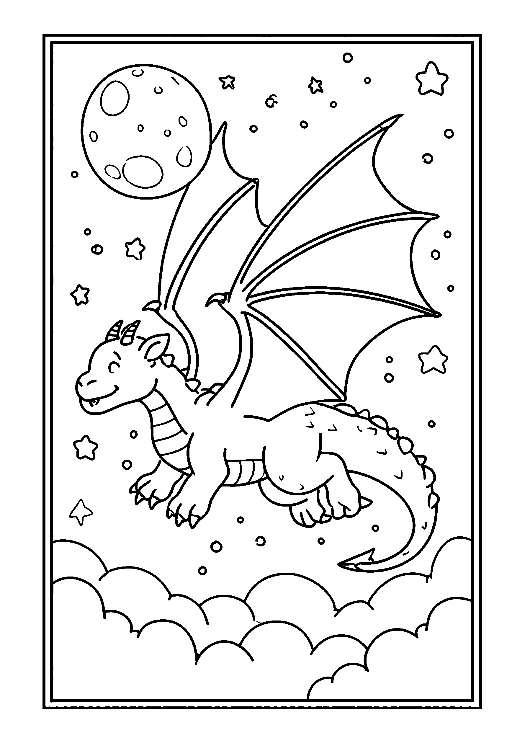 Dragon Flying Through a Lit Night Sky coloring page