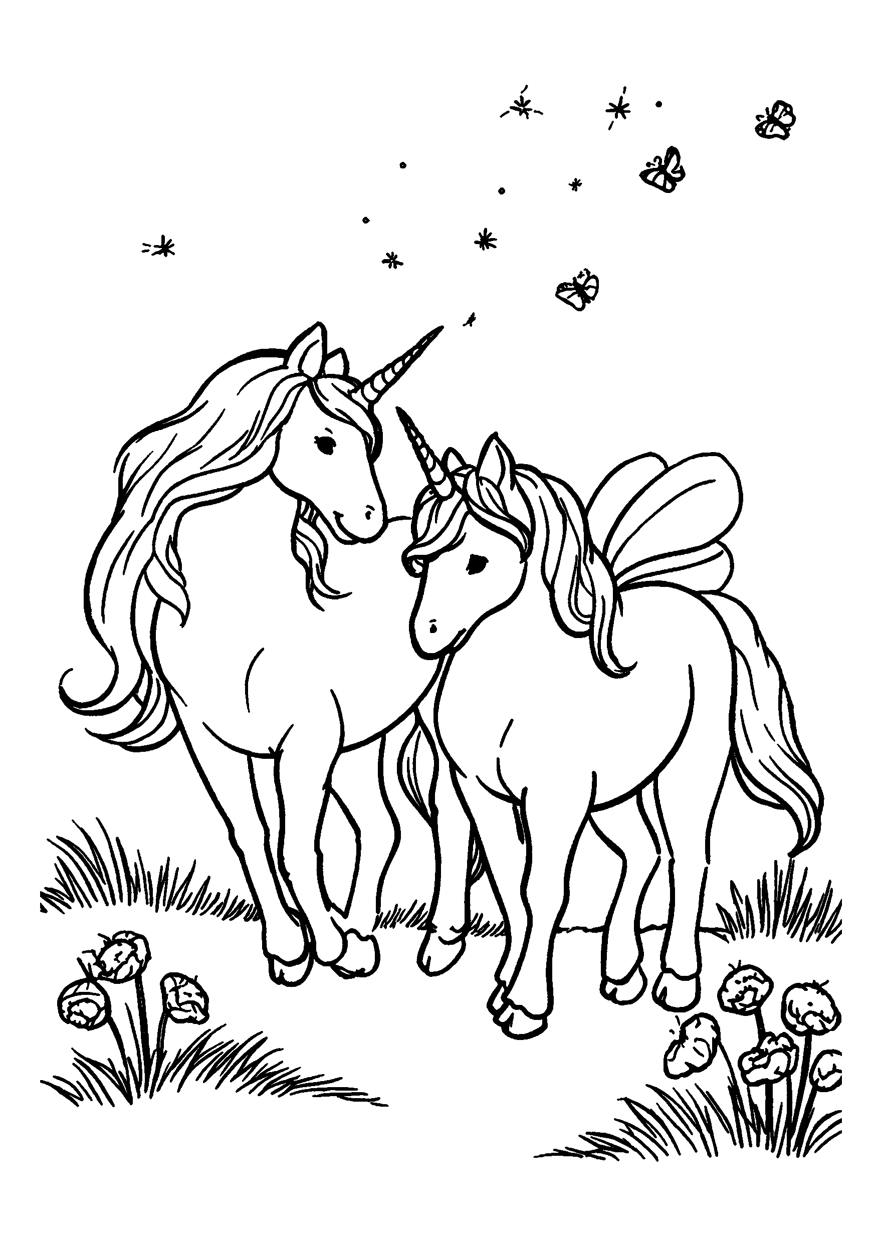 Unicorns Watching Fireflies Dance in the Twilight coloring page