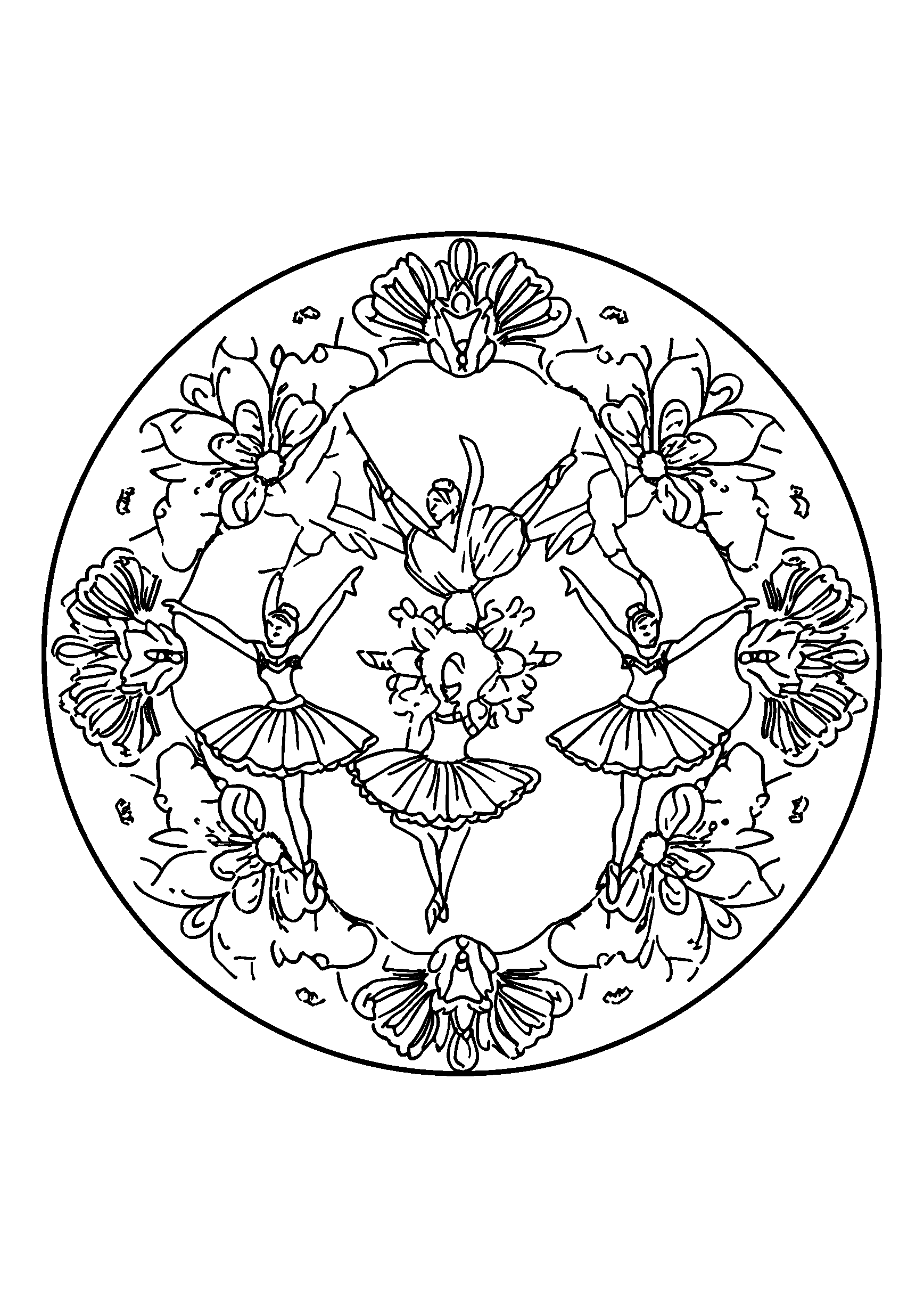 Dance-themed Mandala Featuring Ballet Dancers coloring page