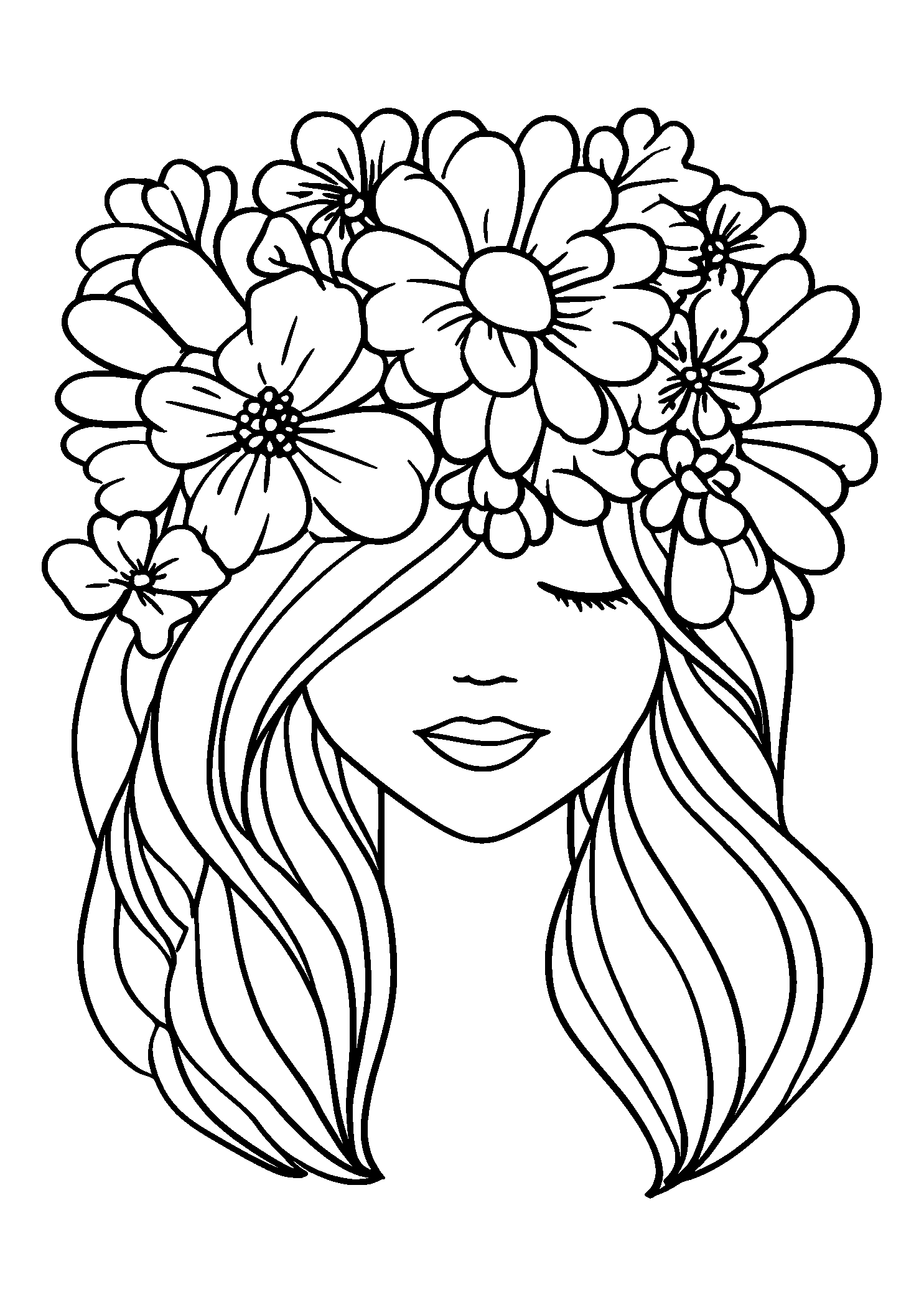 Whimsical Flower Crown on a Girl's Head coloring page