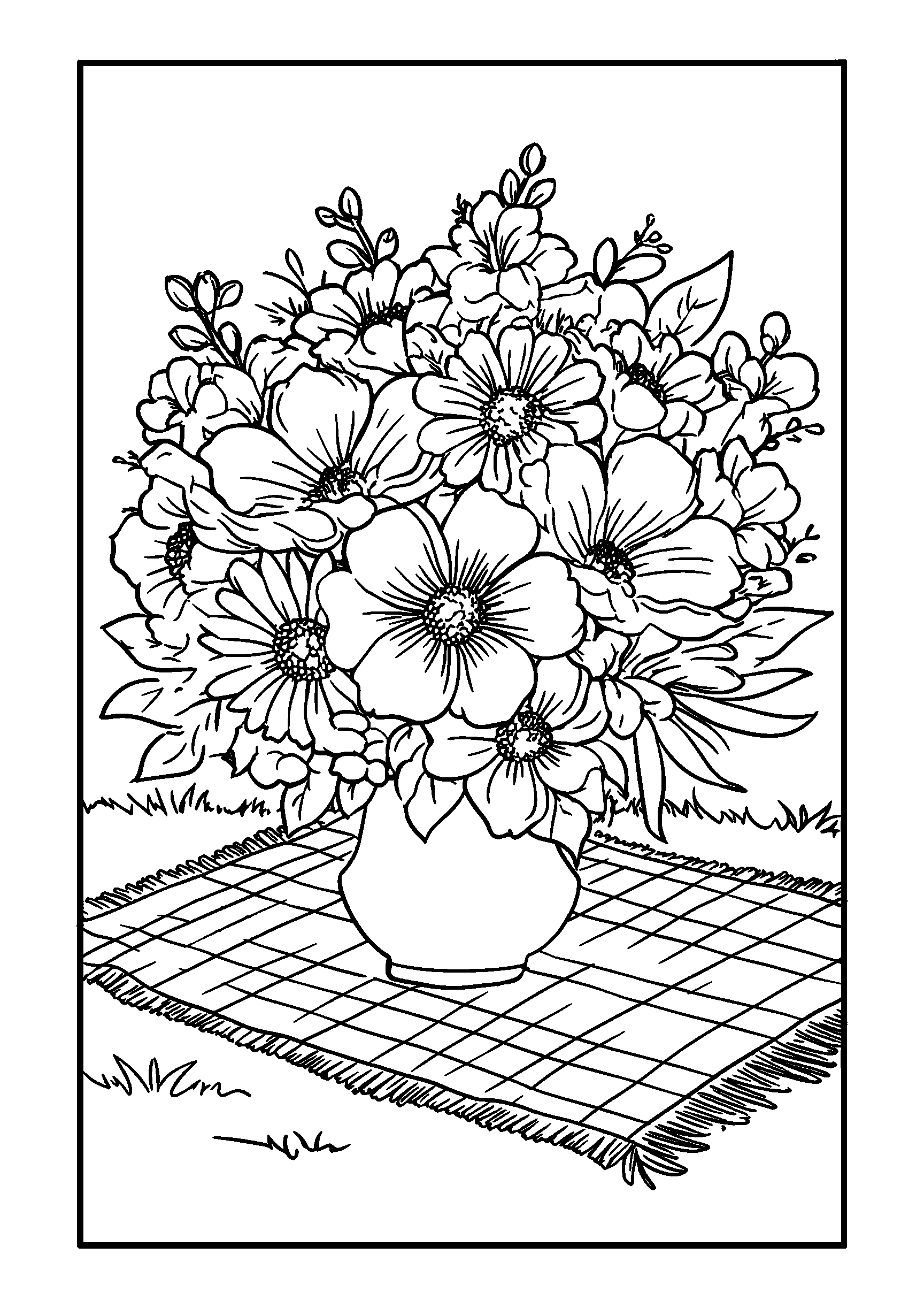 Colorful Bouquet on a Picnic Blanket coloring page