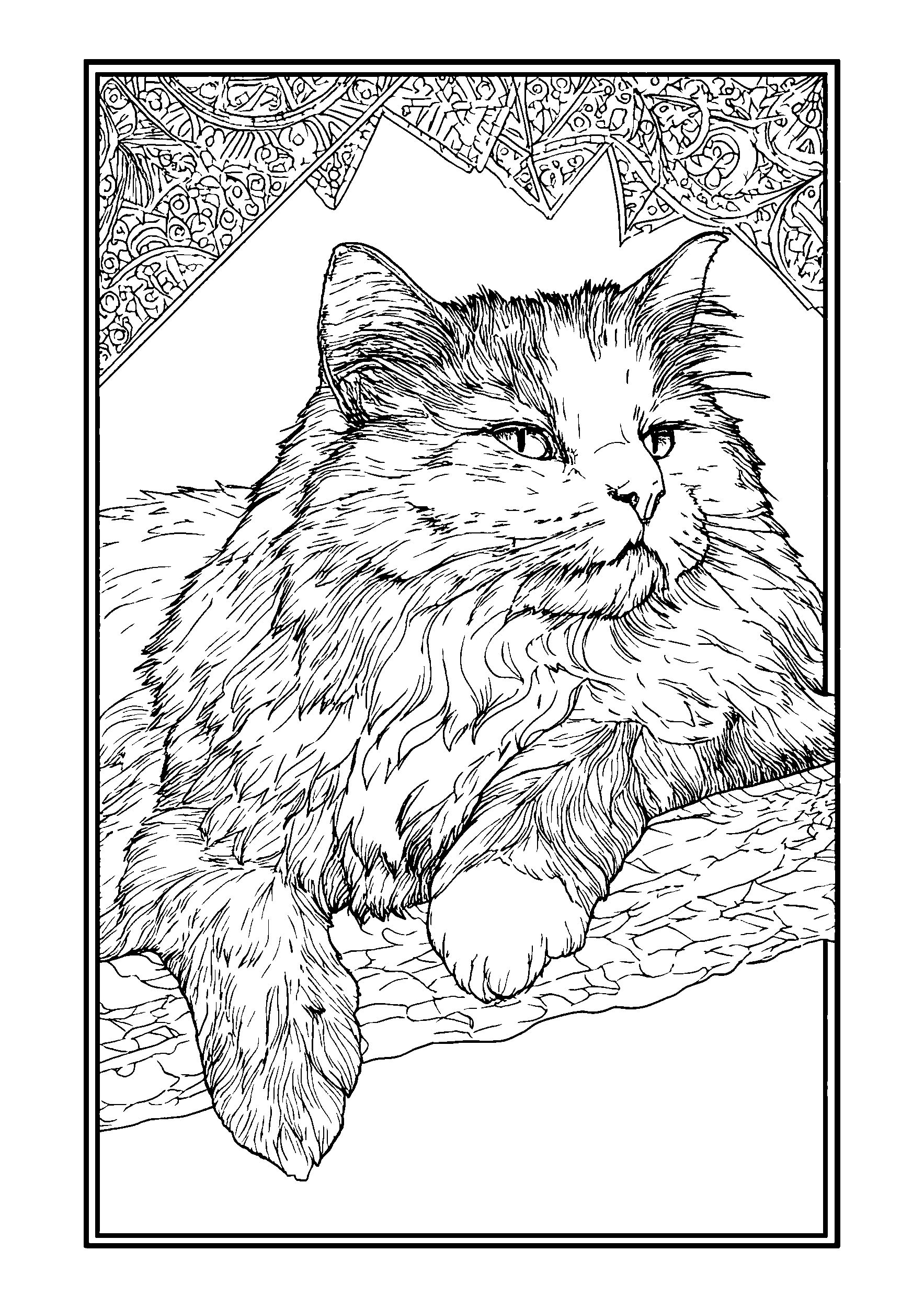 Fluffy Cat Surveying its Kingdom from a High Ledge coloring page