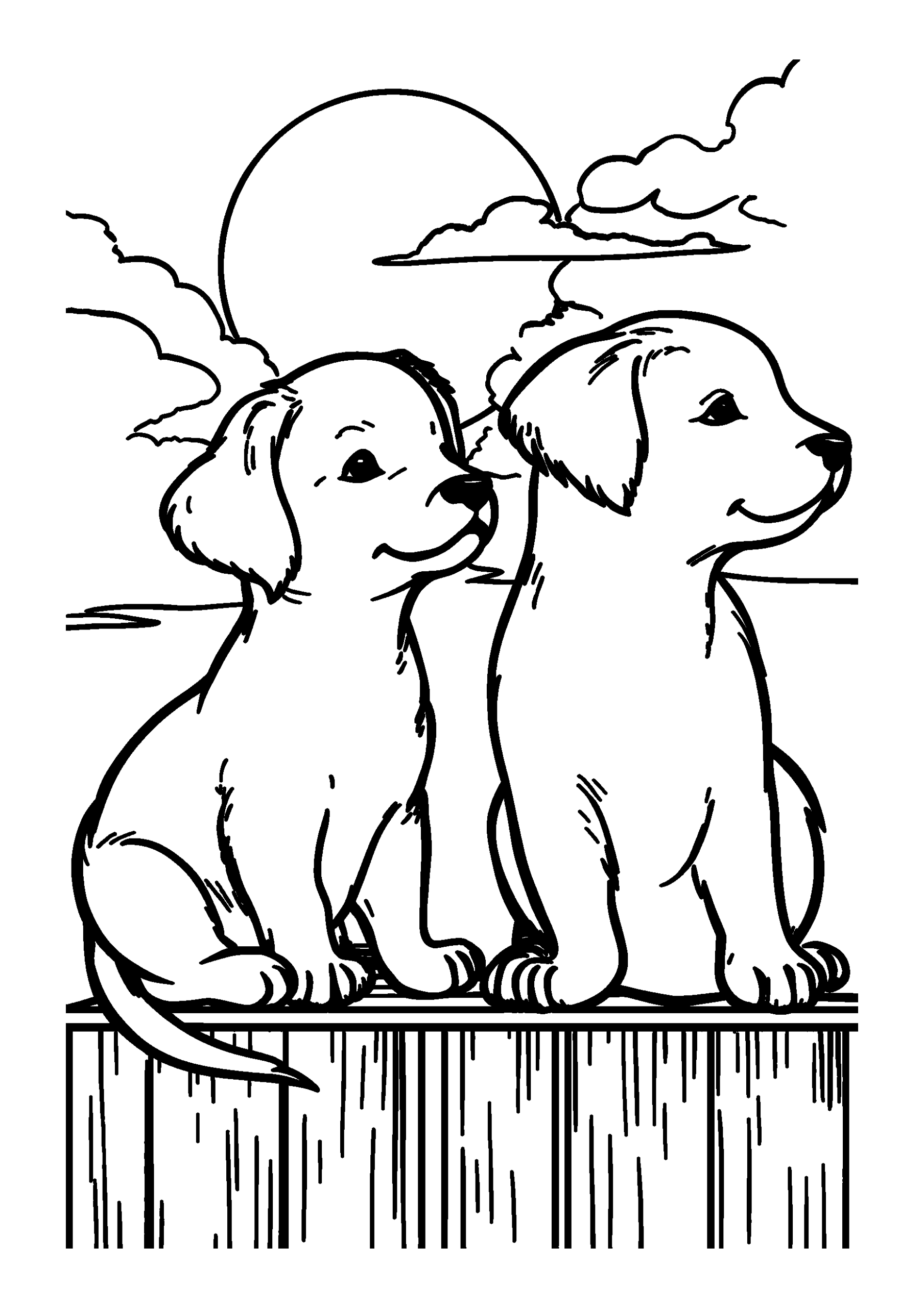 Dogs Perched on a Fence, Gazing at the Sunset coloring page