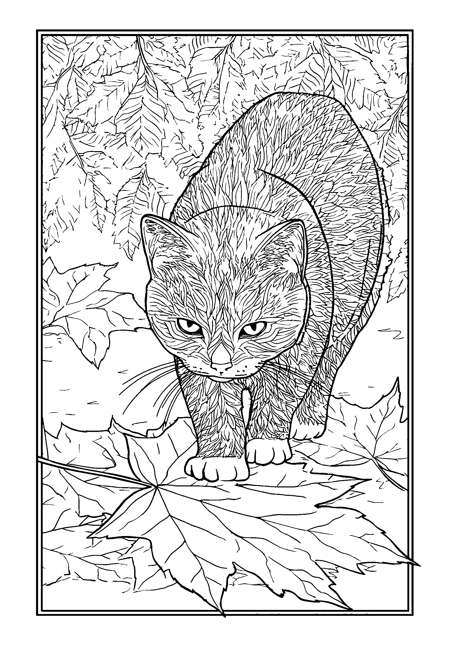 Cat Stalking a Fallen Leaf in a Park coloring page