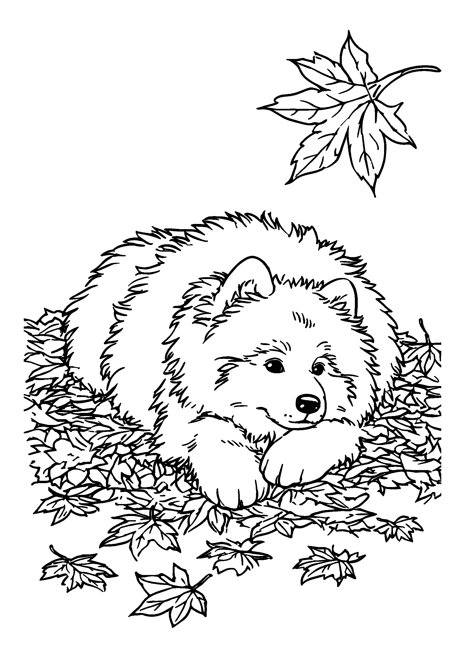 Fluffy Samoyed Playing in a Pile of Autumn Leaves coloring page