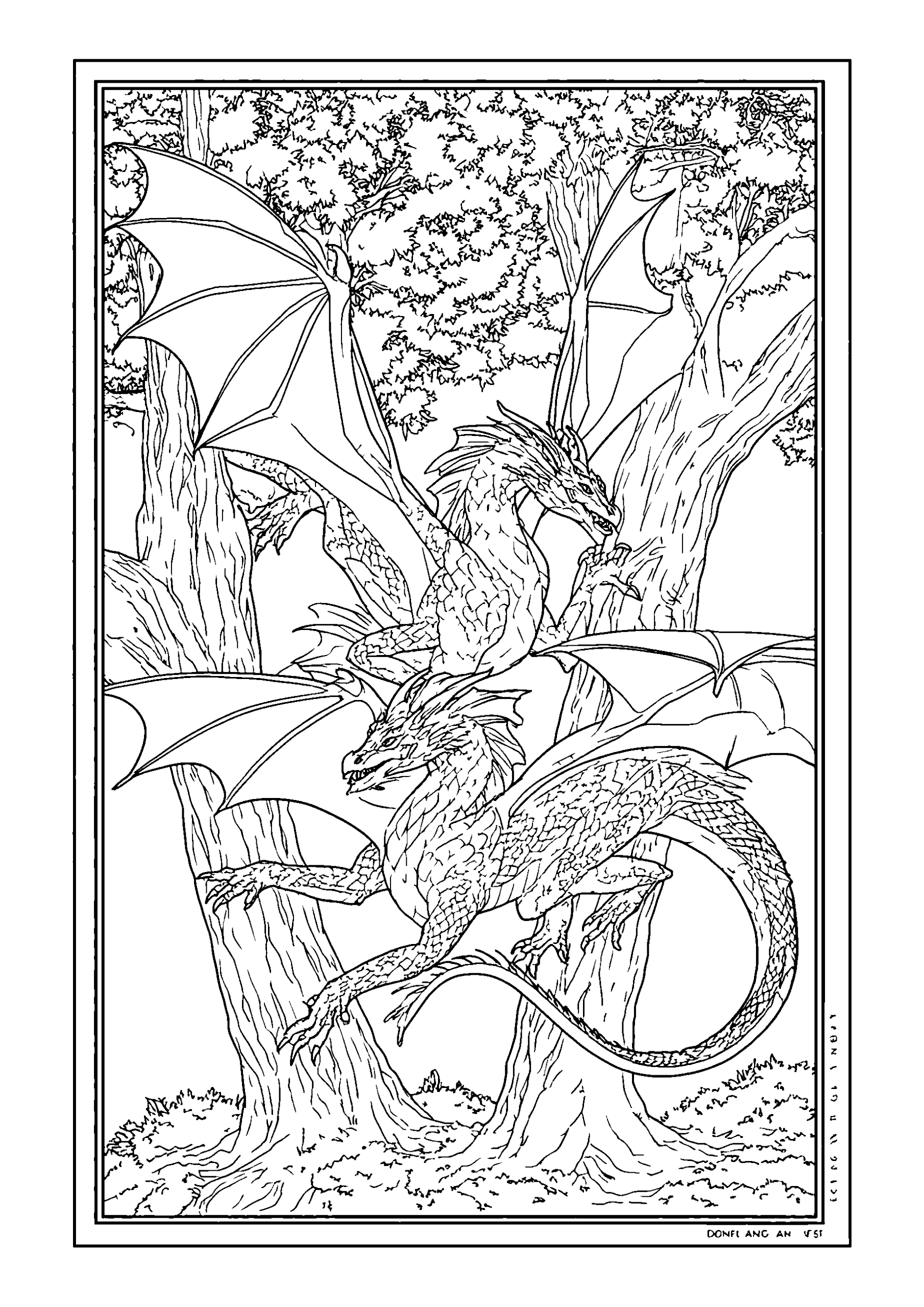 Dragons Playfully Chasing Each Other Through Trees coloring page