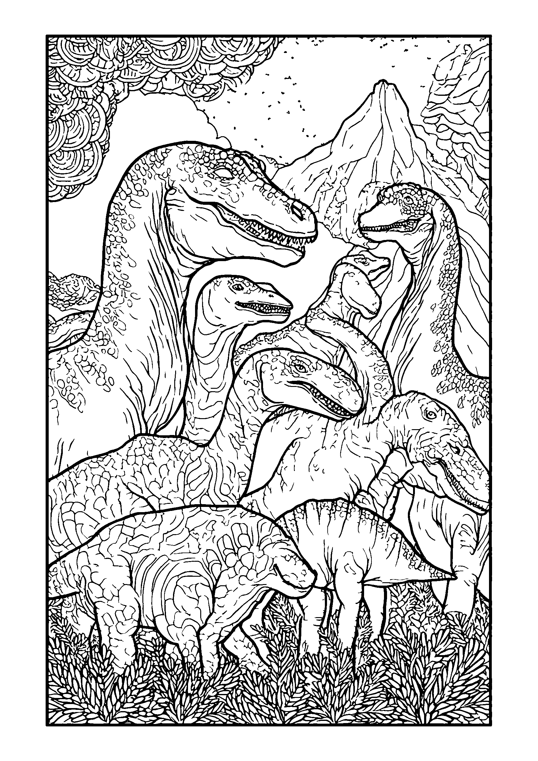 Group of Dinosaurs Exploring a Lush Valley coloring page