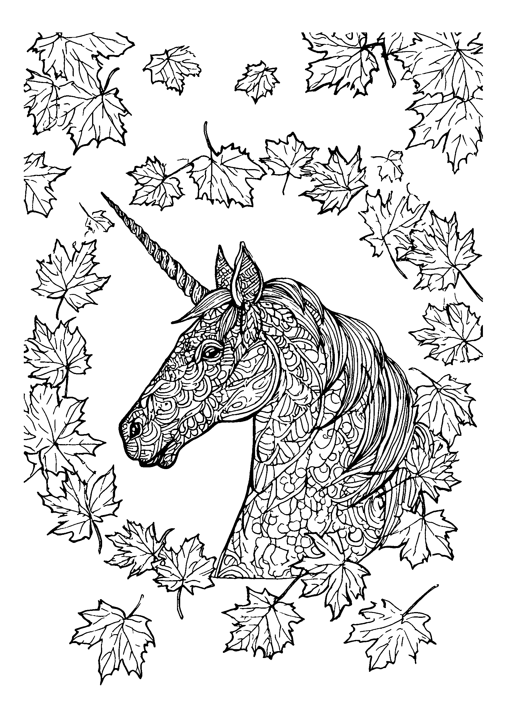 Unicorn Spiraling in a Circle Amidst Falling Autumn Leaves coloring page