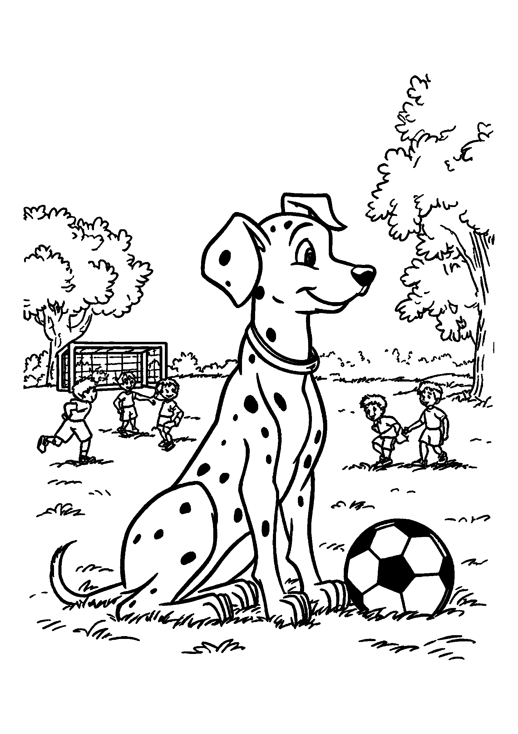 Dalmatian Observing Kids Playing Soccer in a Park coloring page