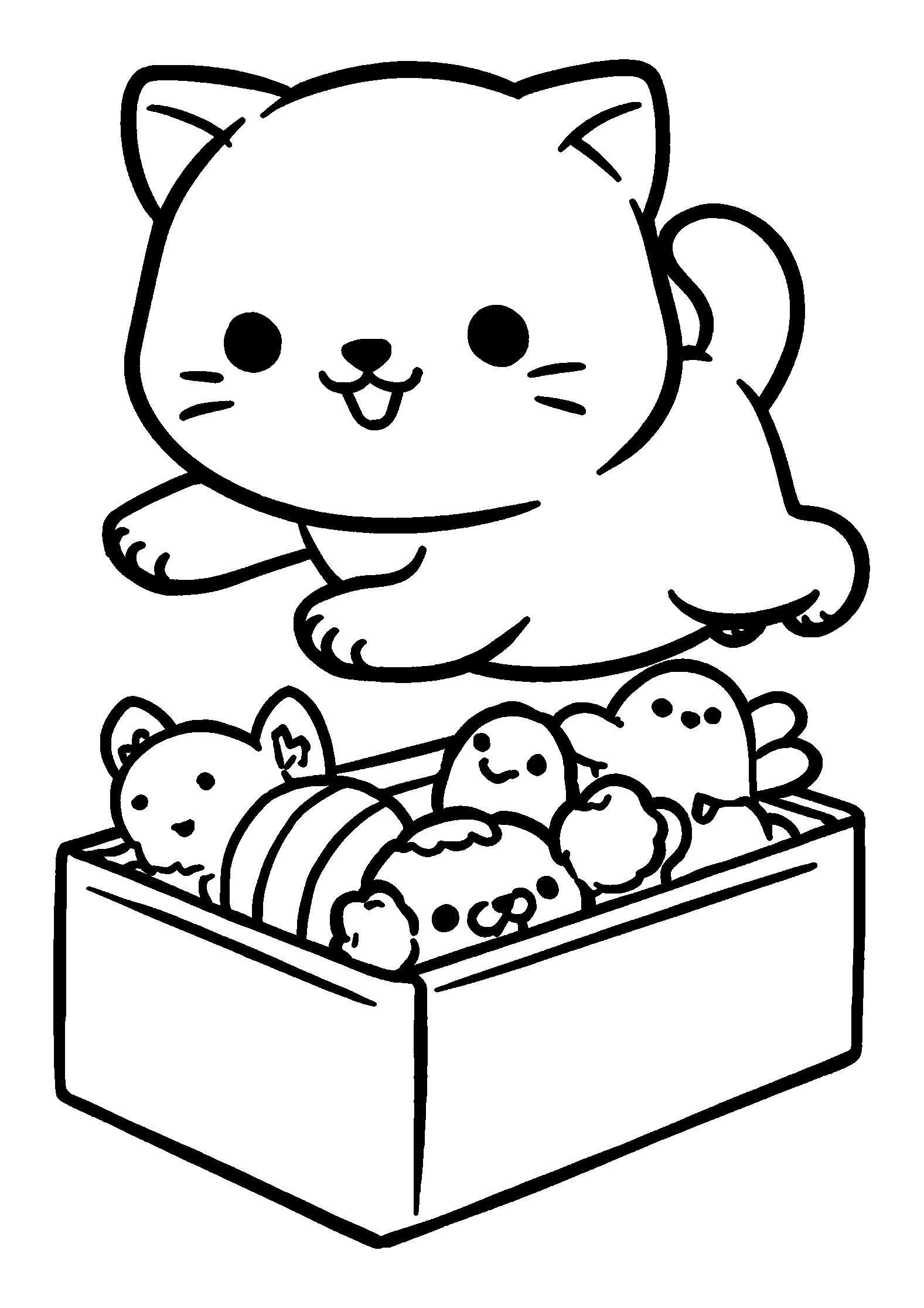 Playful Kitten Leaping into a Box Full of Toys coloring page