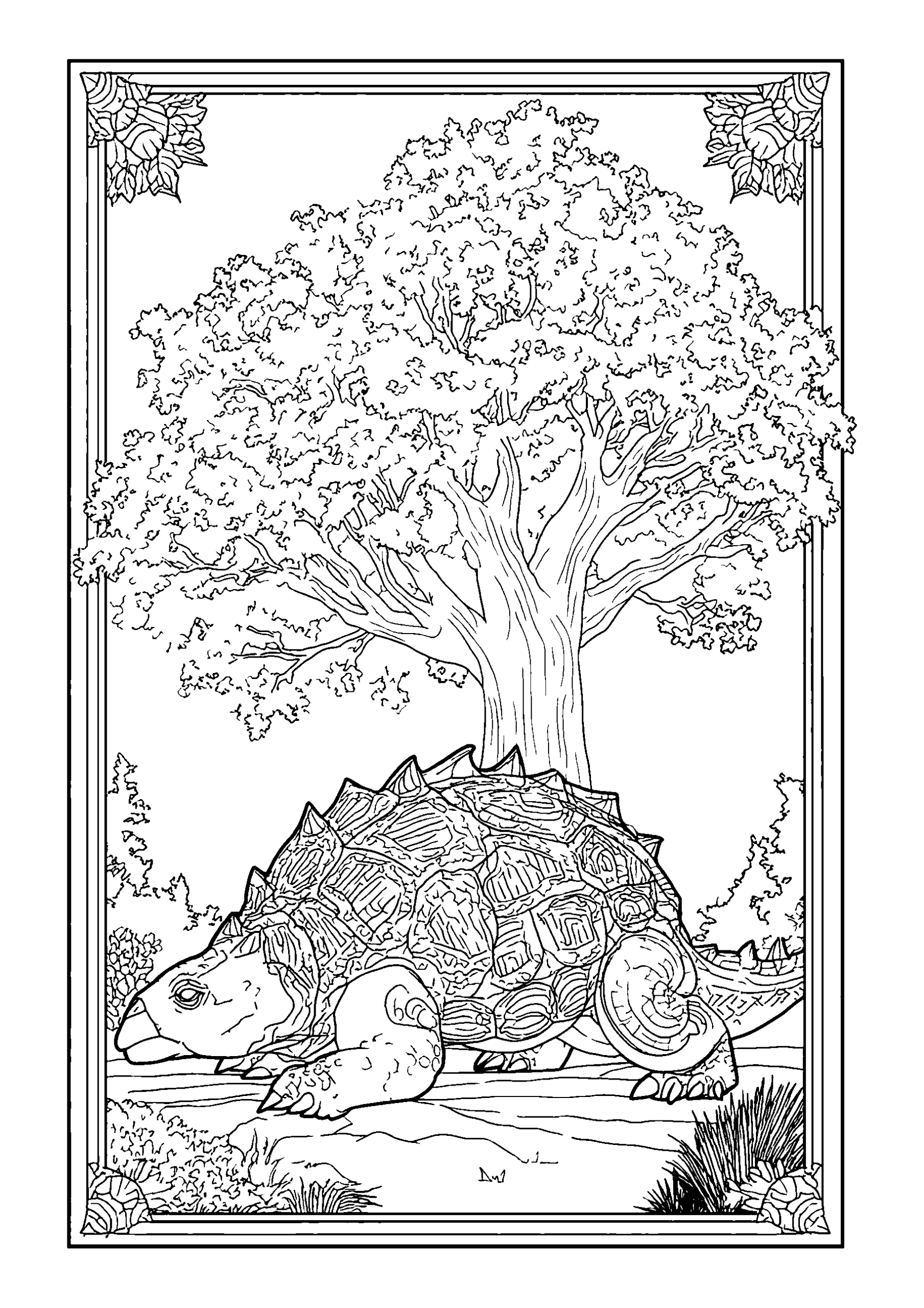 Armored Ankylosaurus Resting Beneath a Tree coloring page