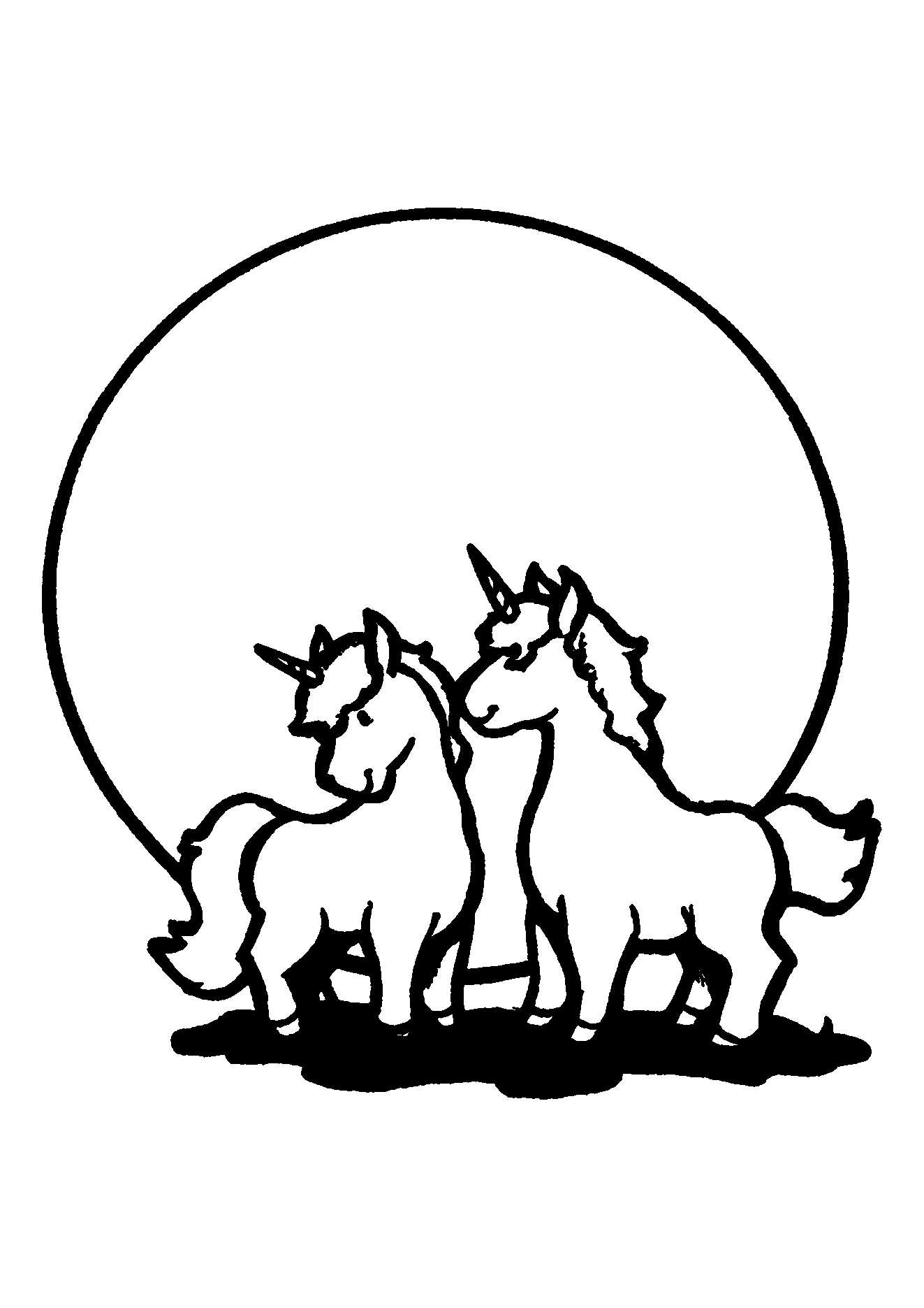 Unicorns Silhouetted Against a Bright Full Moon coloring page