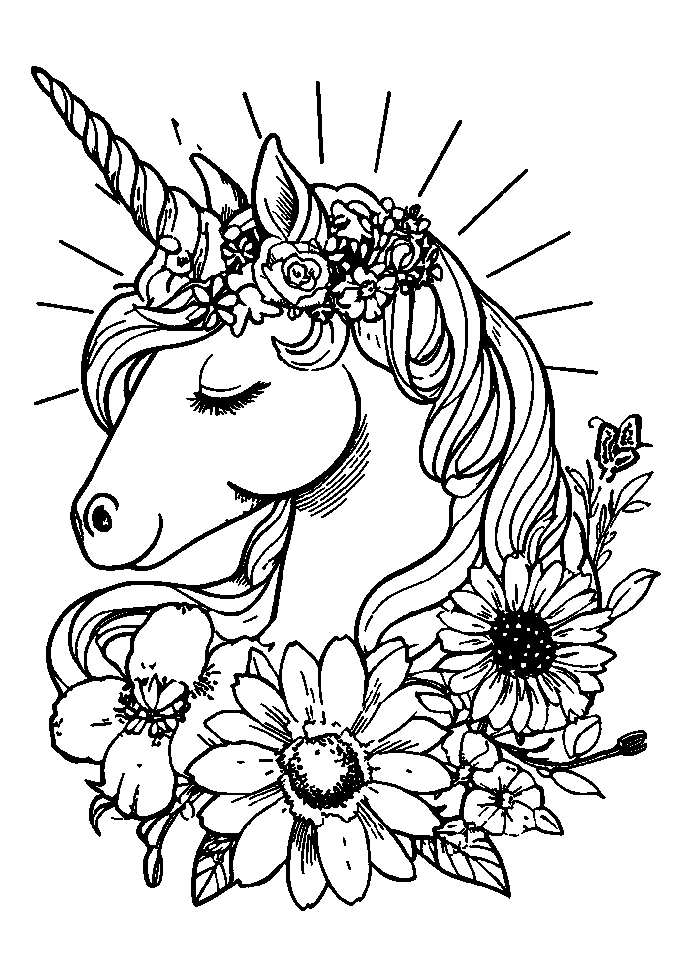 Unicorn with a Floral Crown Basking in Soft Sunlight coloring page