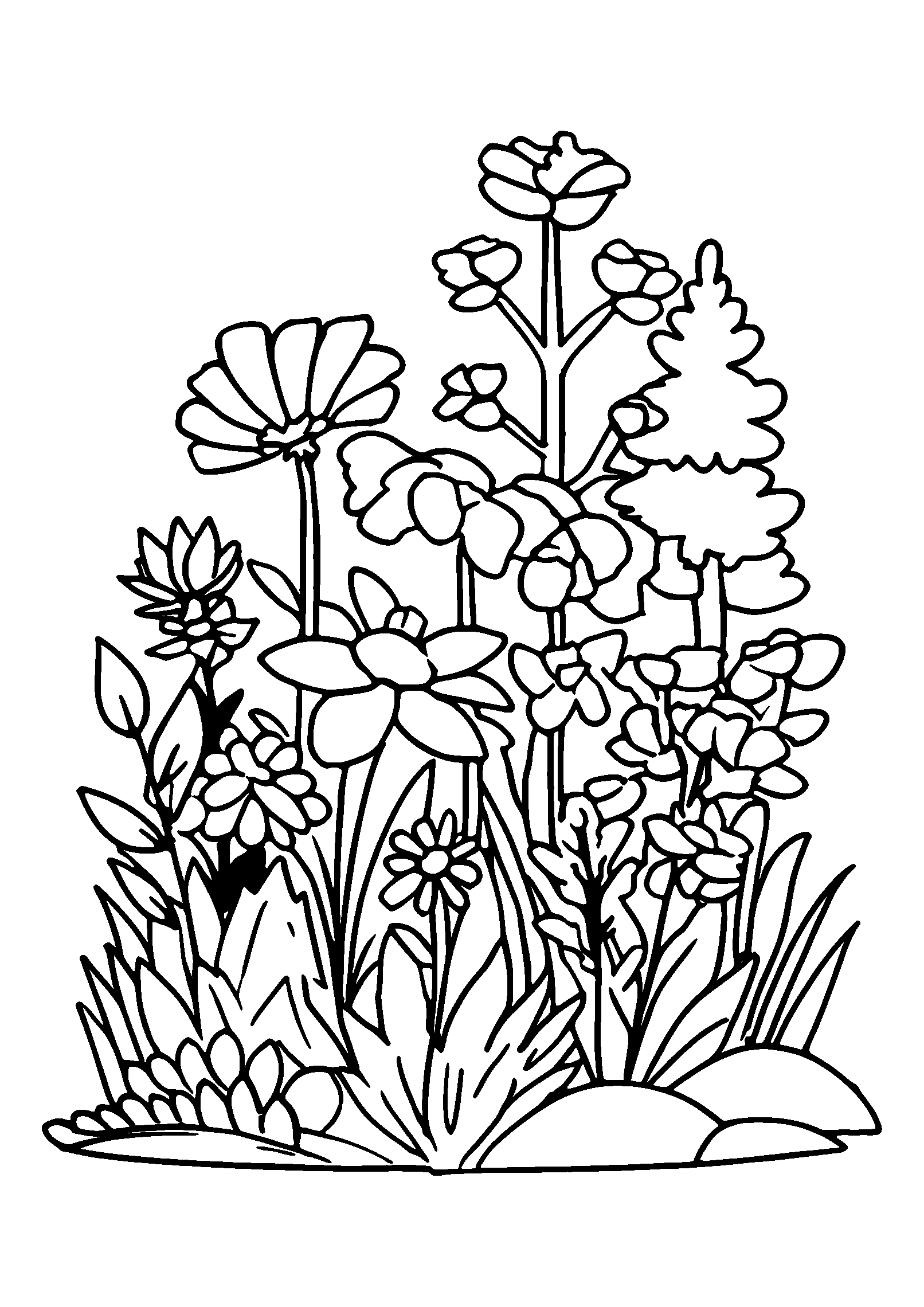 Jurassic Landscape Filled with Vibrant Flora coloring page