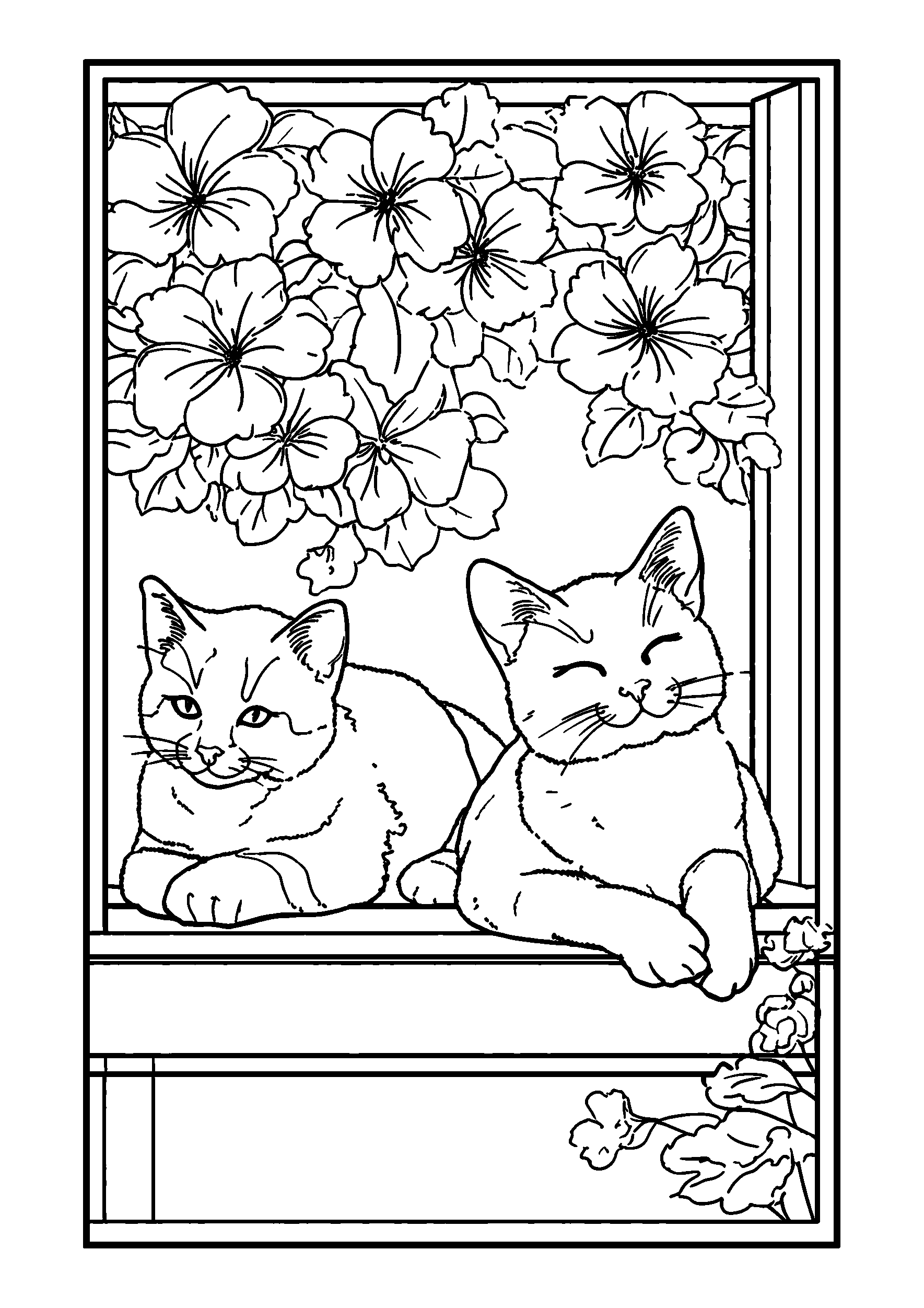 Cats Sunbathing on a Windowsill with Open Flowers coloring page
