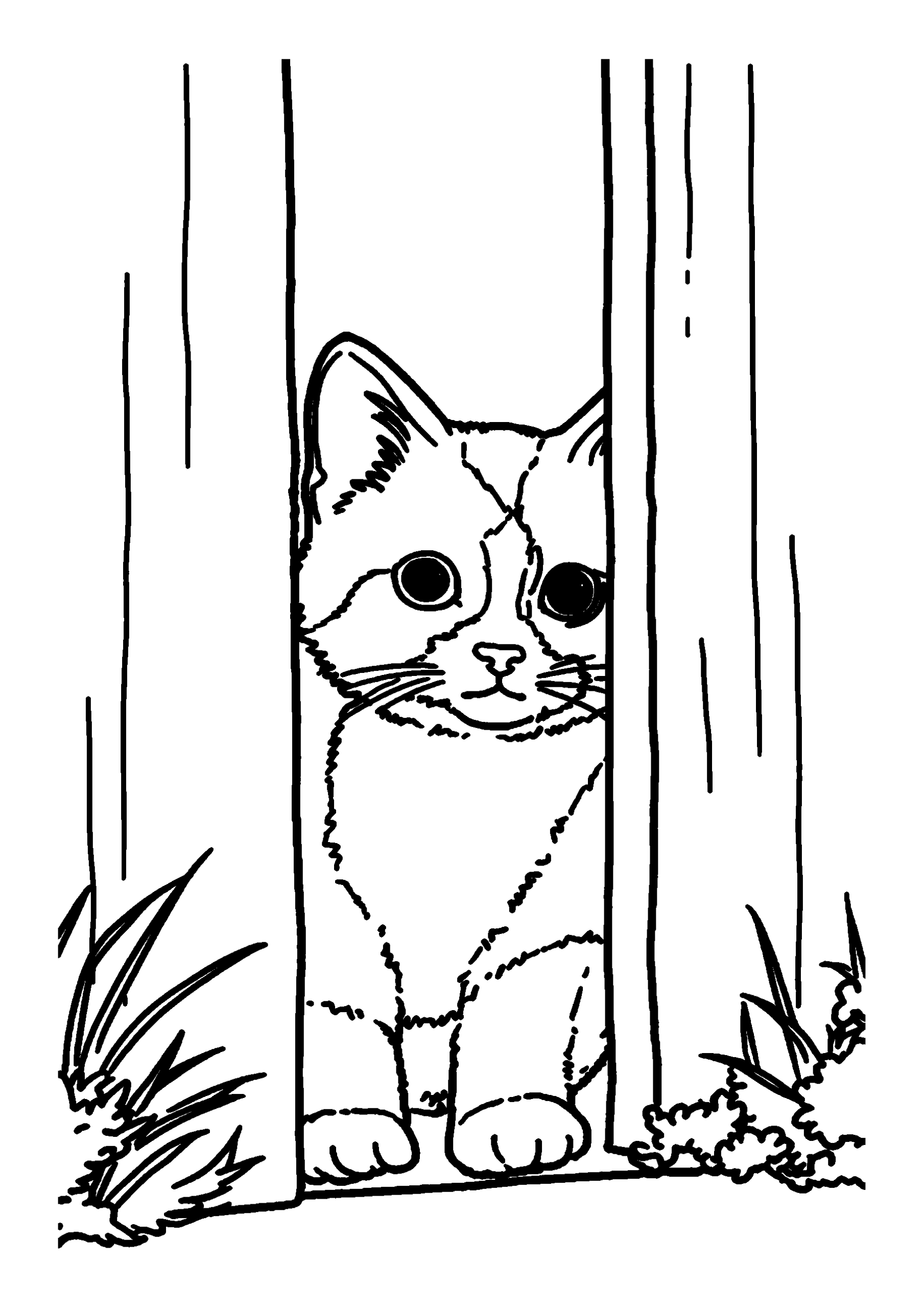 Calico Cat Peeking Through a Hole in the Fence coloring page