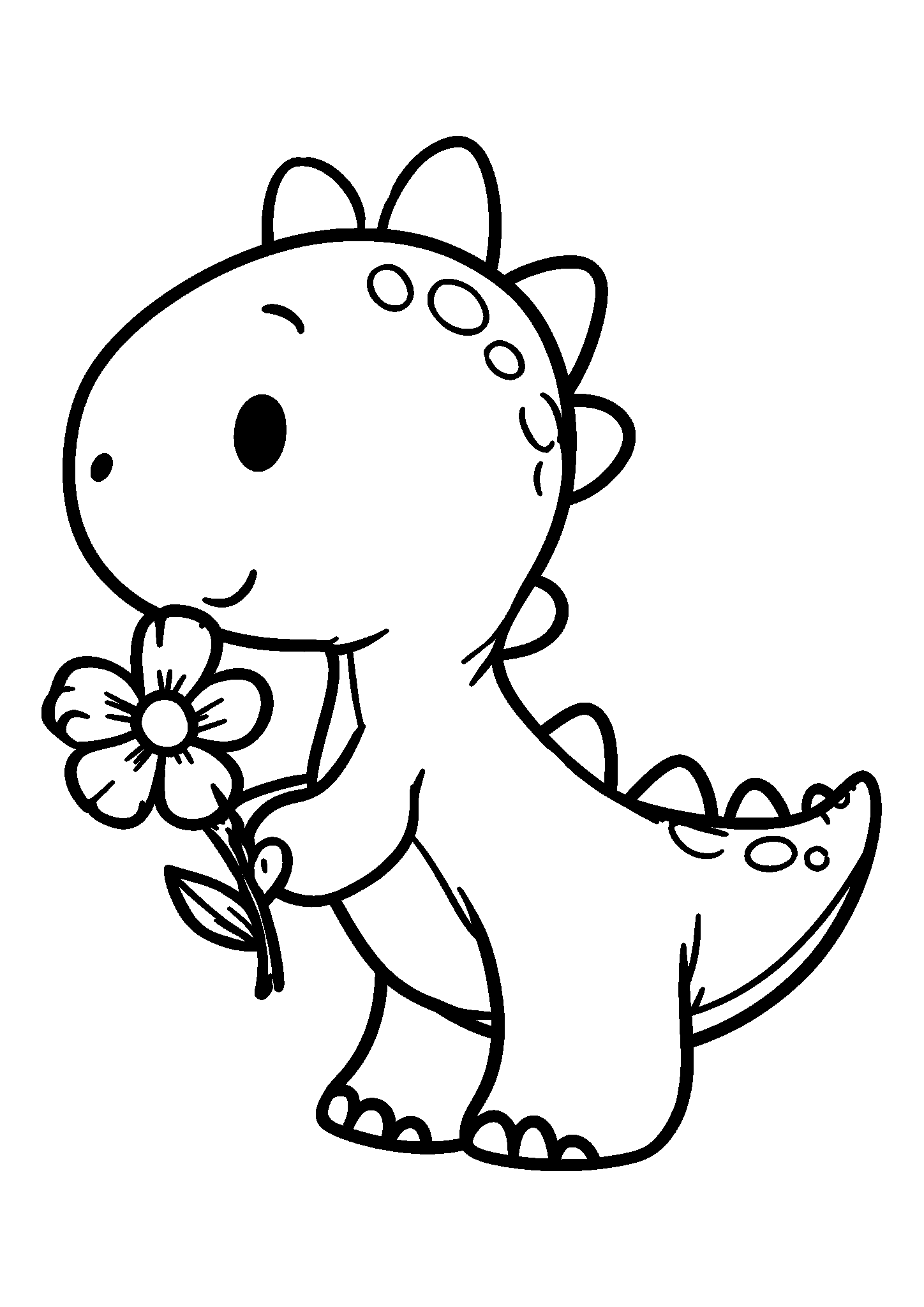 Curious Dinosaur Investigating a Colorful Flower coloring page