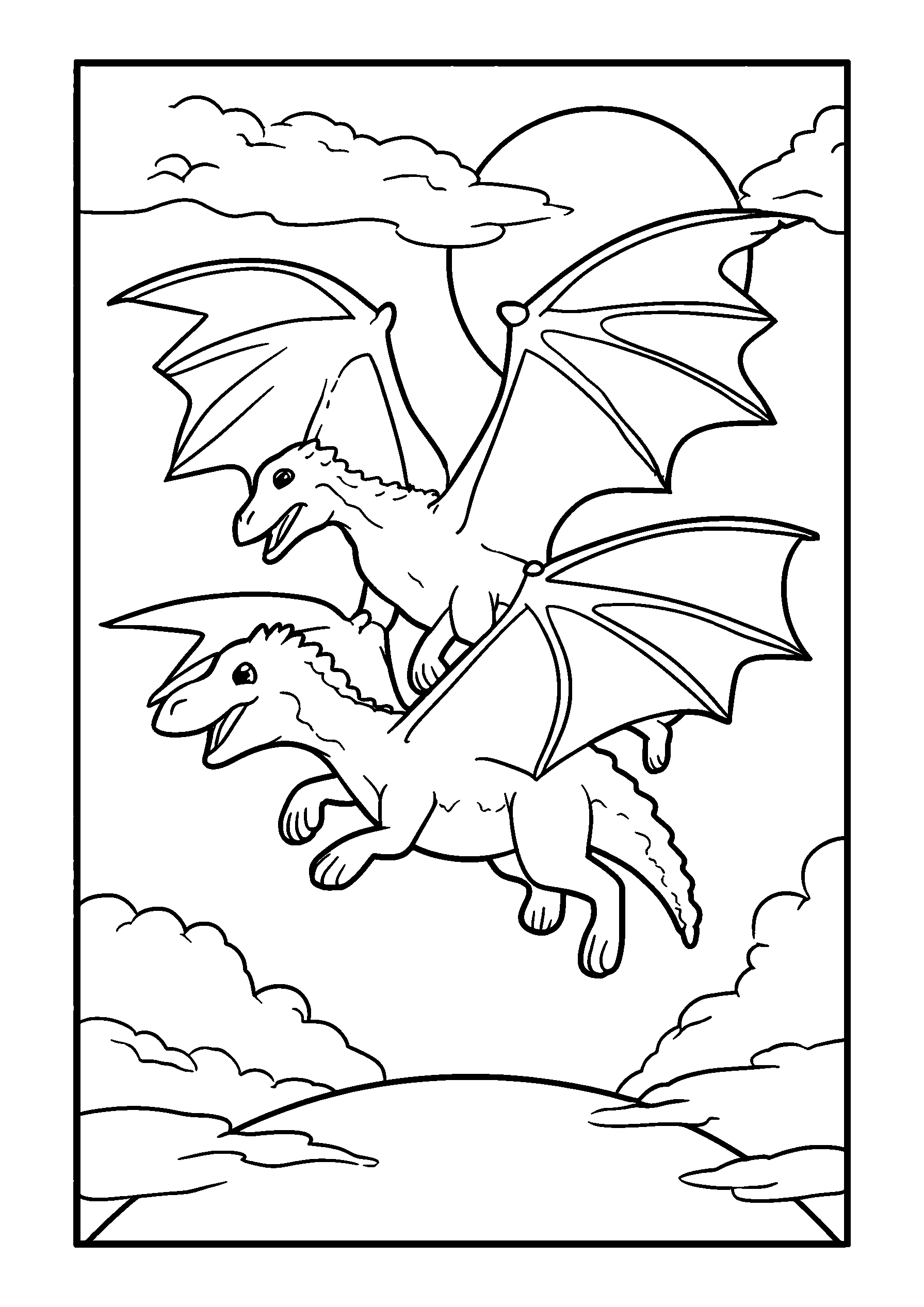 Dragons Flying Together Against a Vibrant Sunset coloring page