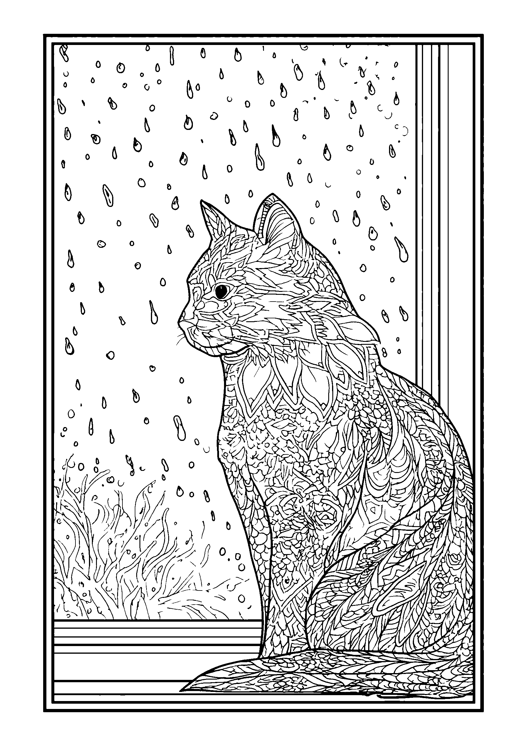 Cat Observing Raindrops on a Window During a Storm coloring page