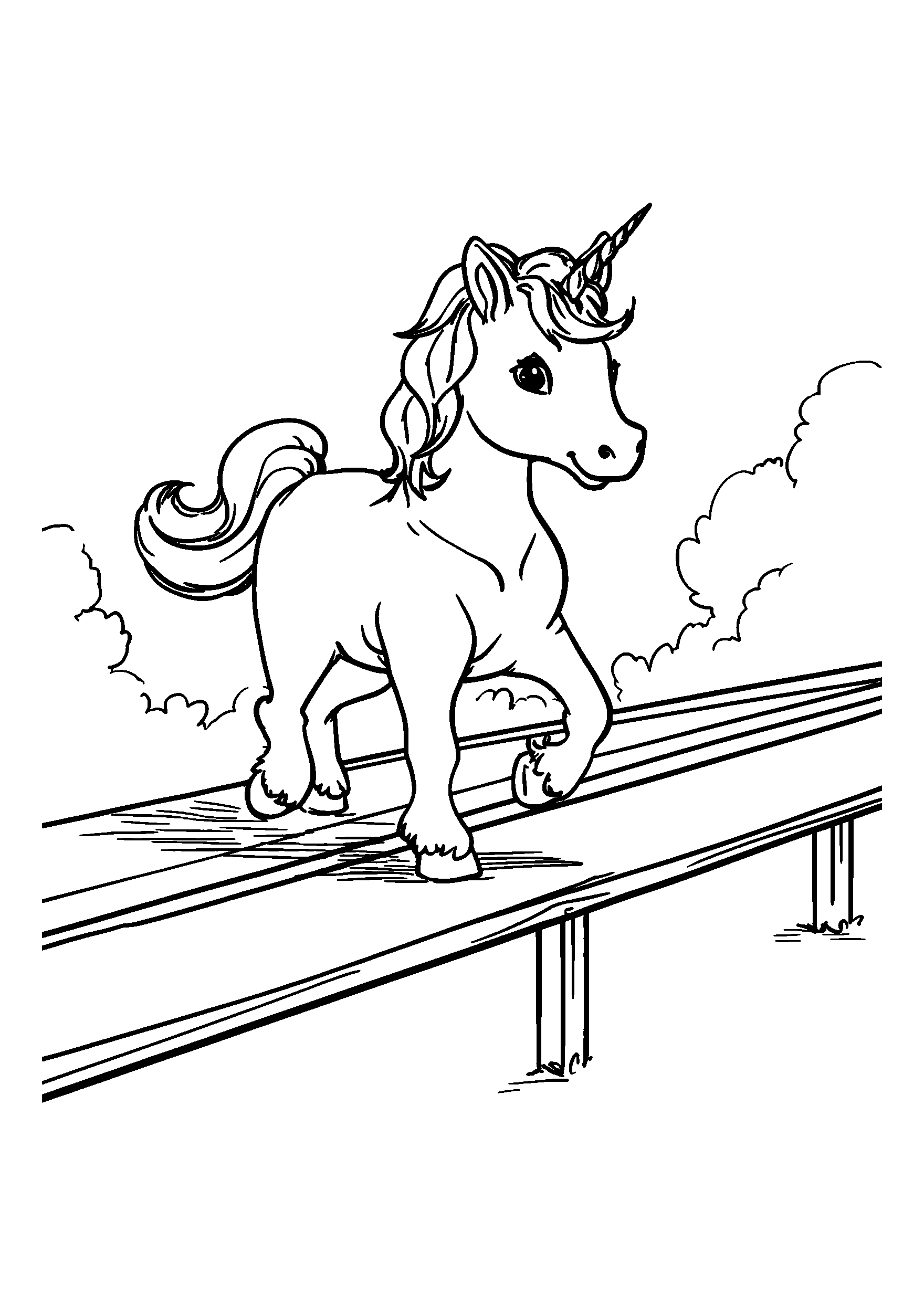 Unicorn Walking Delicately on a Narrow Bridge coloring page