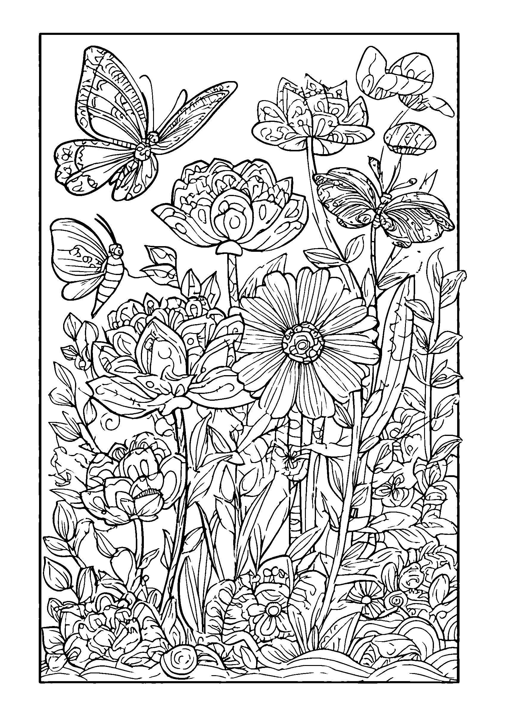Whimsical Garden Scene with Fairies coloring page