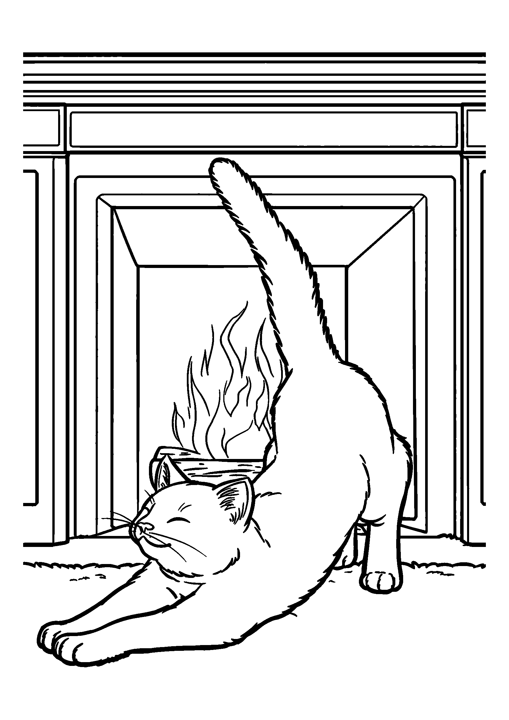 Cat Gracefully Stretching in Front of a Fireplace coloring page