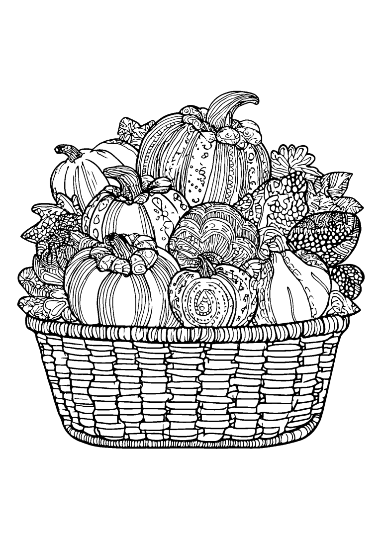 Bountiful Harvest Basket Filled with Pumpkins and Apples coloring page