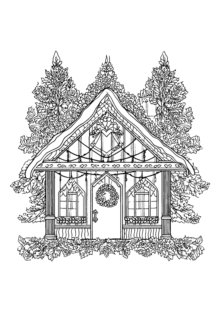 Cozy Cabin Decorated with Twinkling Christmas Lights coloring page