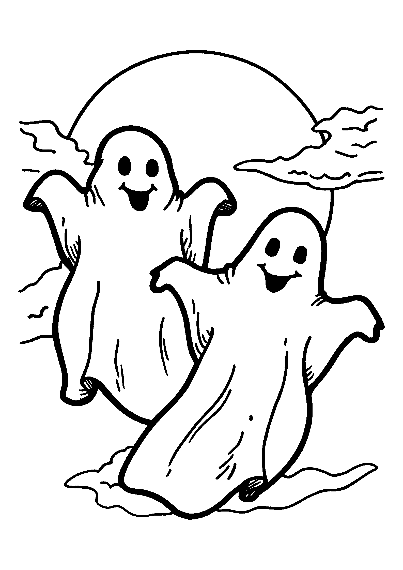 Friendly Ghosts Dancing under a Full Moon coloring page