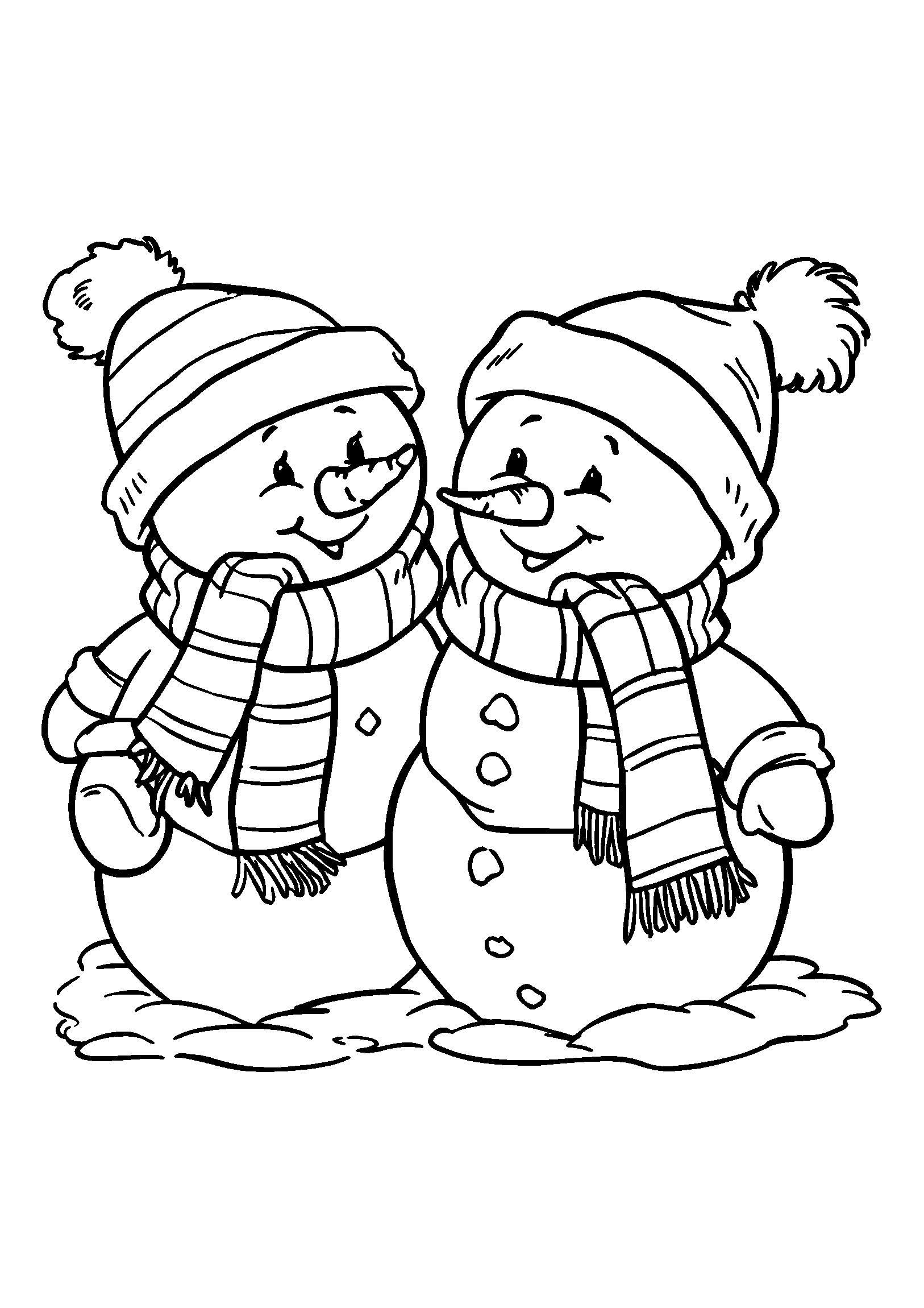 Snowmen Wearing Colorful Scarves and Hats coloring page