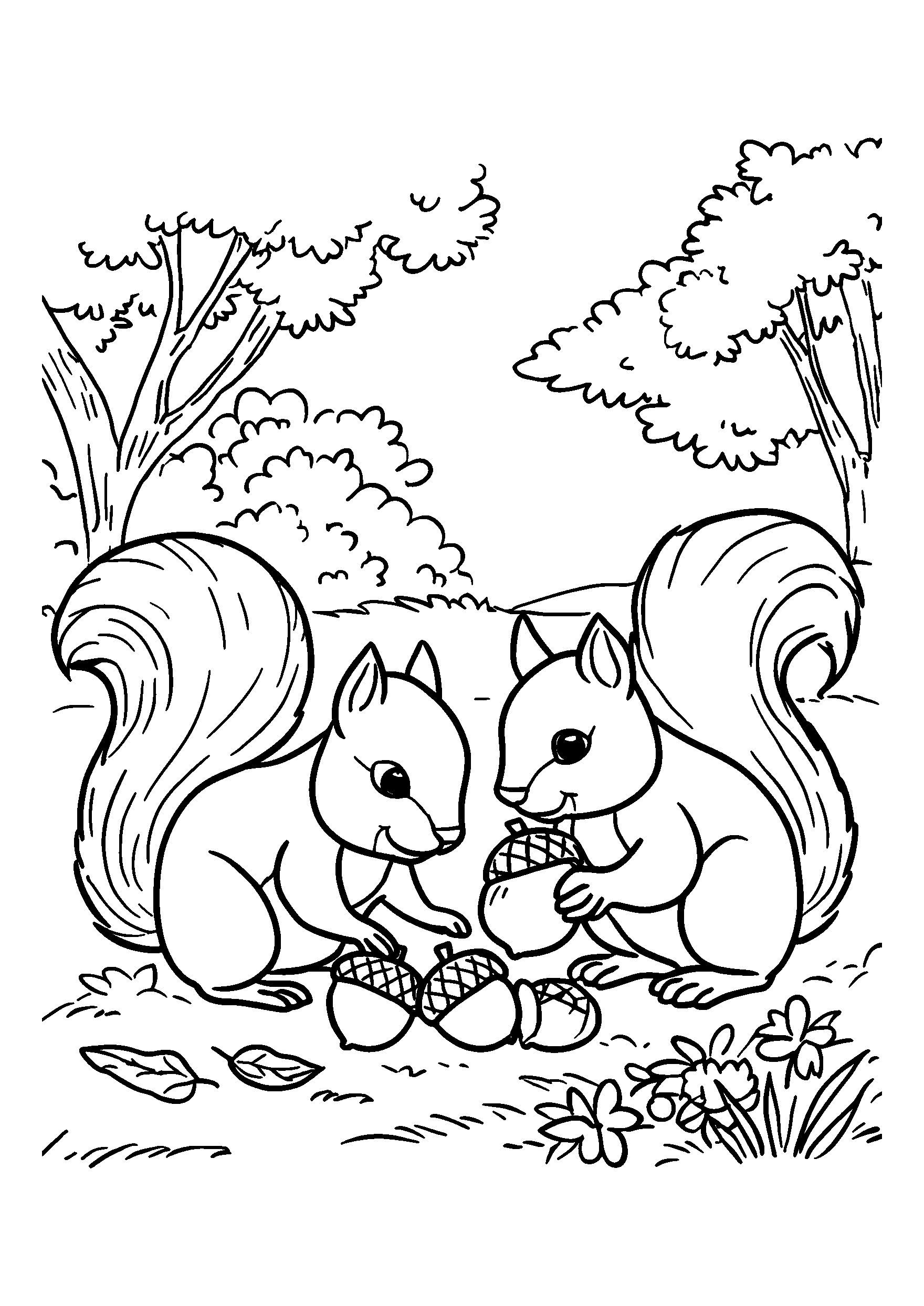 Squirrels Gathering Acorns in a Park coloring page