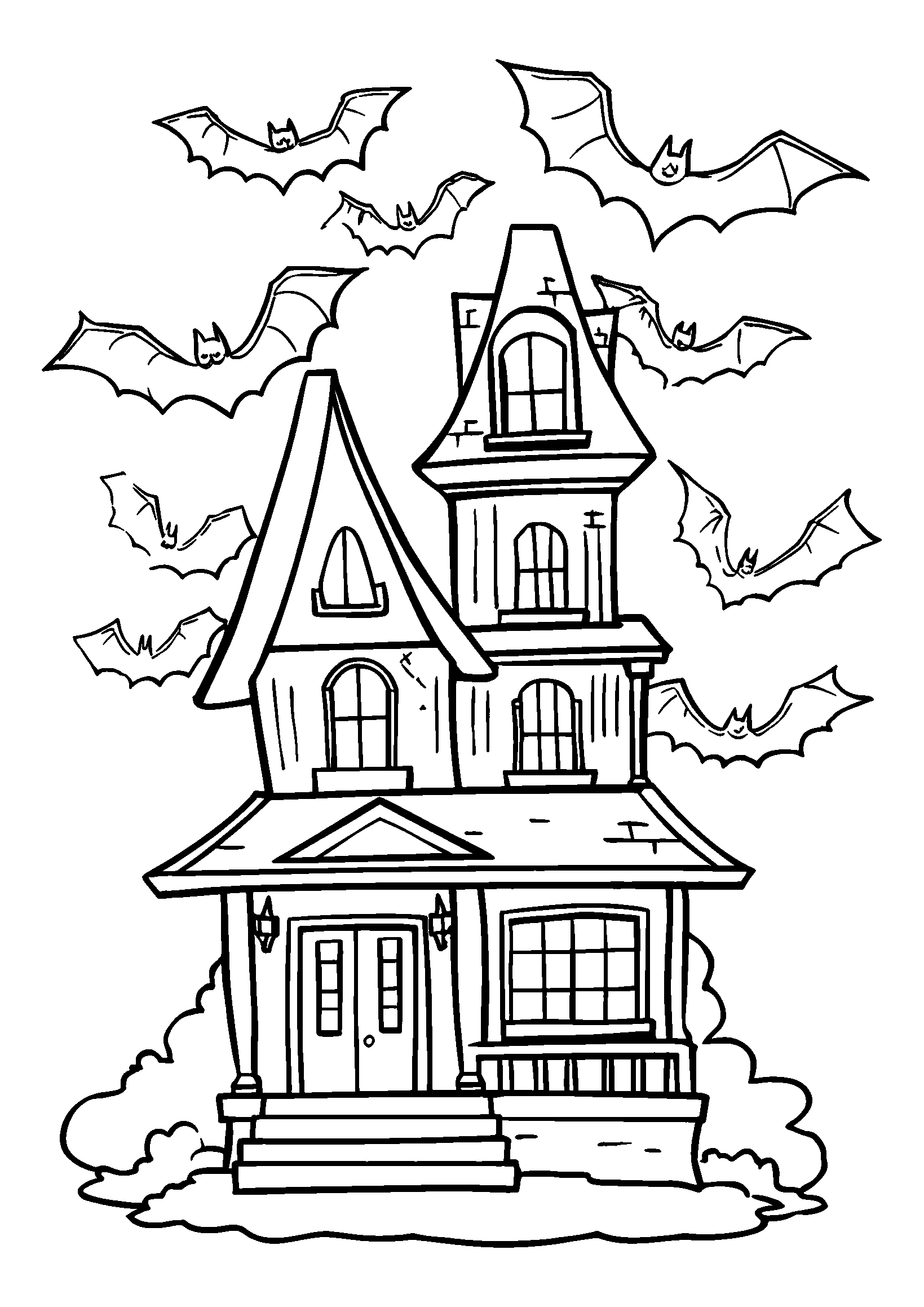 Haunted House Surrounded by Swirling Bats coloring page