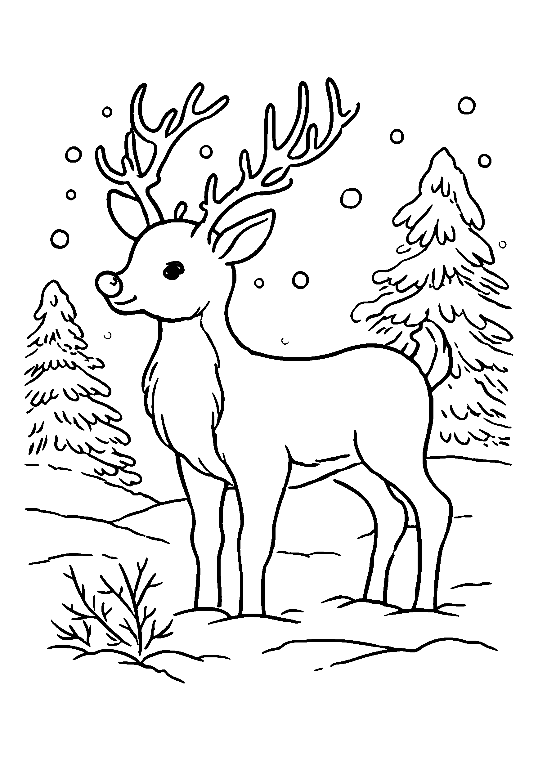 Reindeer with a Red Nose Standing in a Snowy Forest coloring page