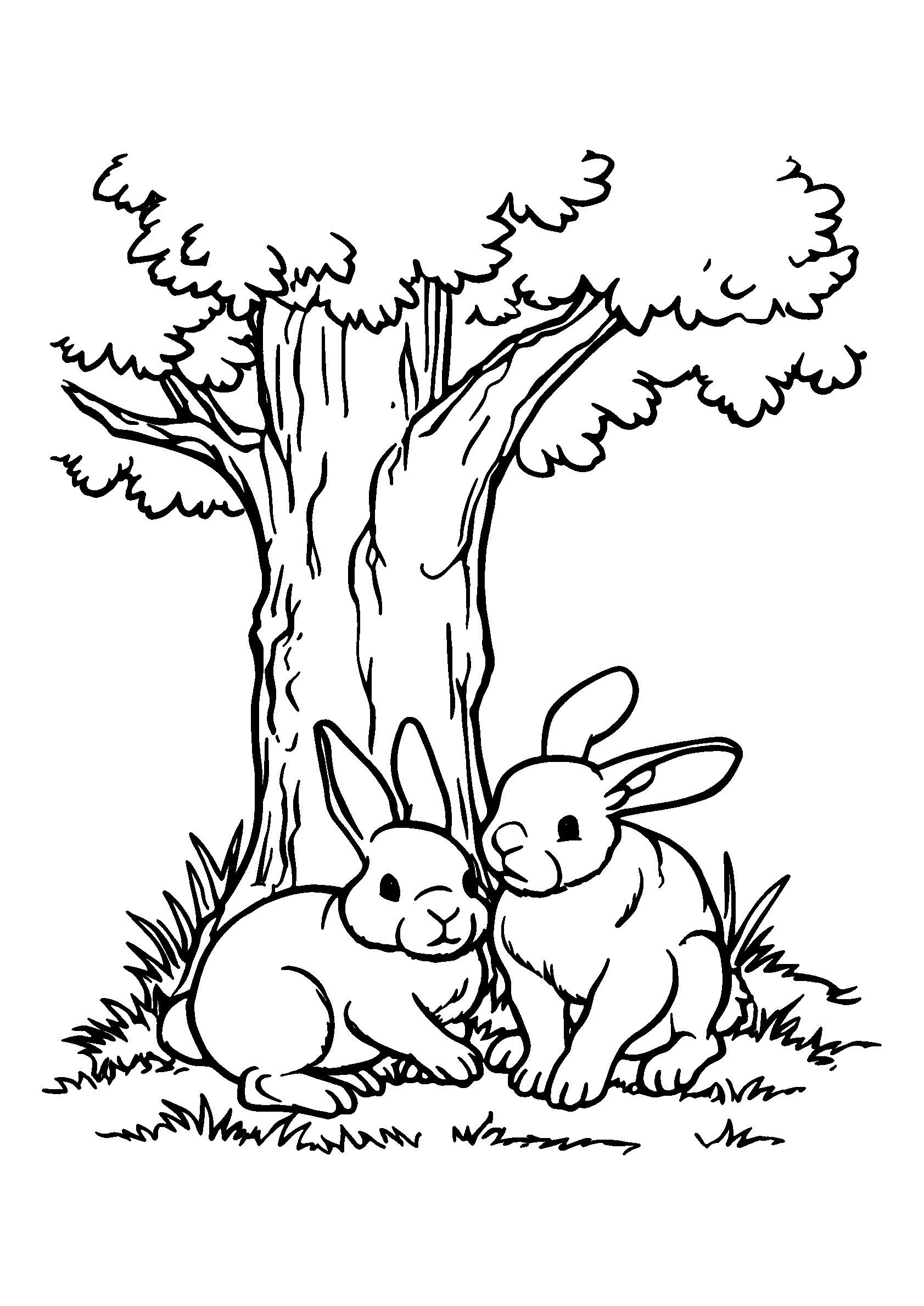 Rabbits Sitting under a Big Oak Tree coloring page