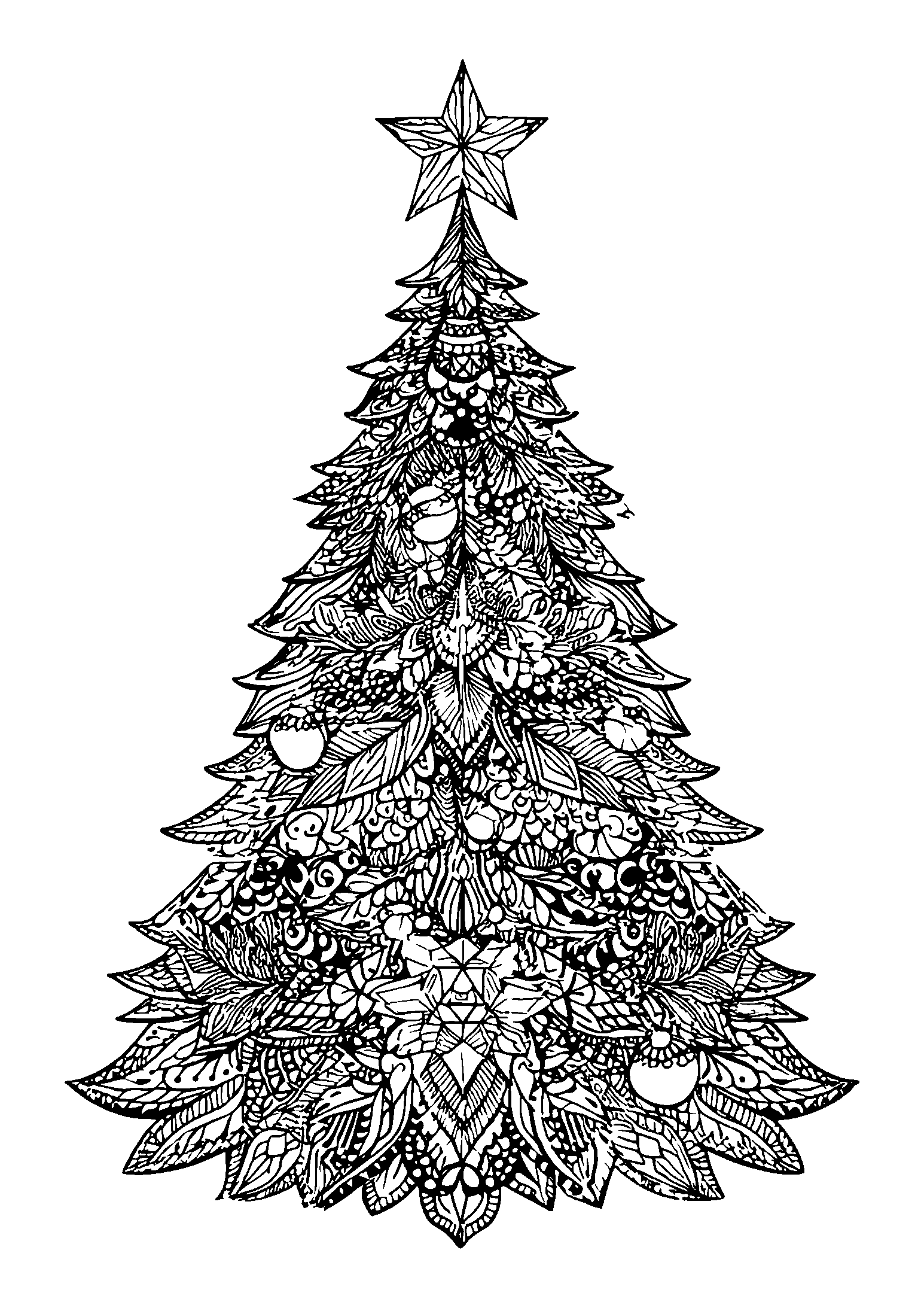 Christmas Tree Adorned with Ornaments and a Star coloring page