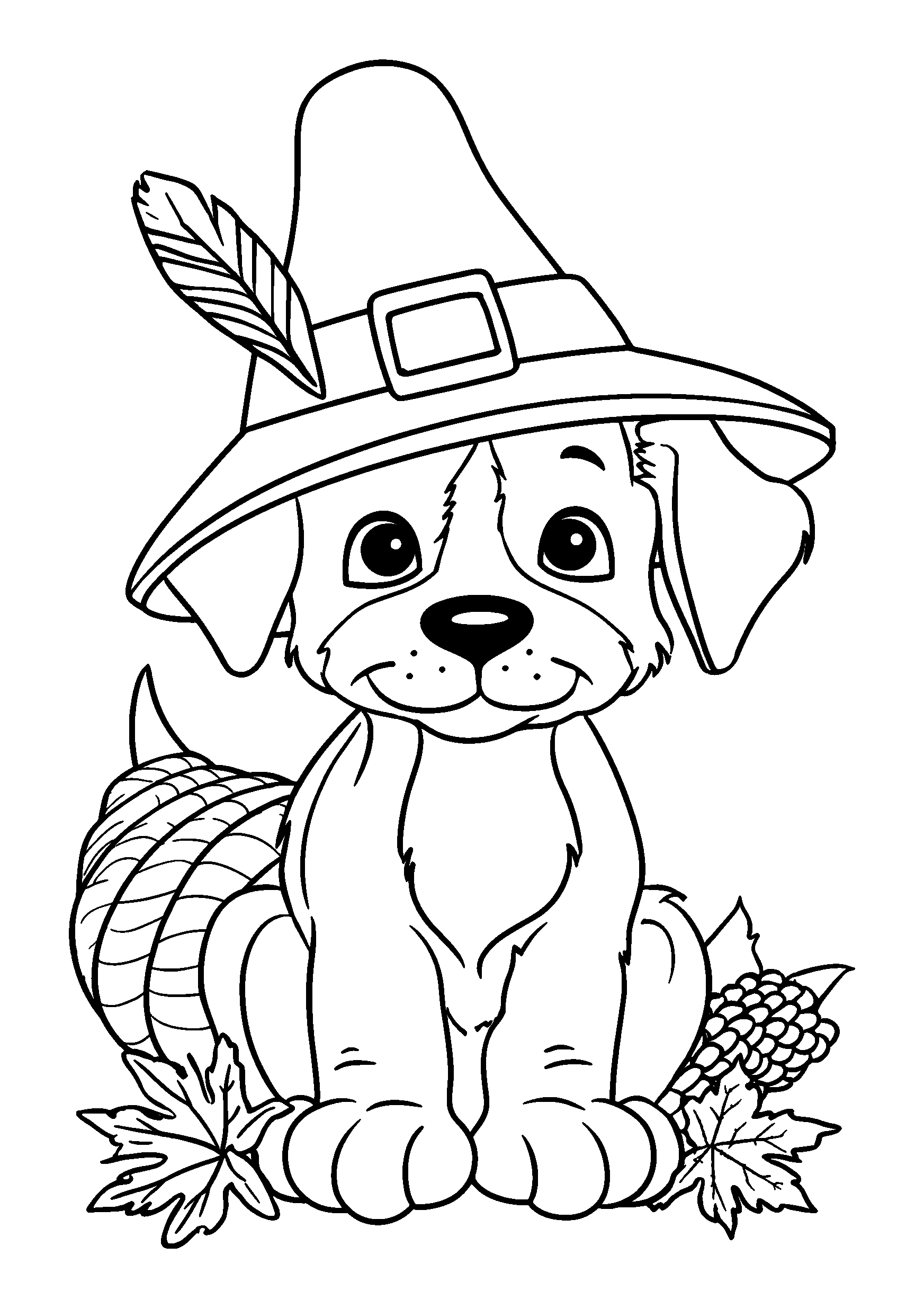 Playful Puppy Wearing a Pilgrim Hat by a Cornucopia coloring page