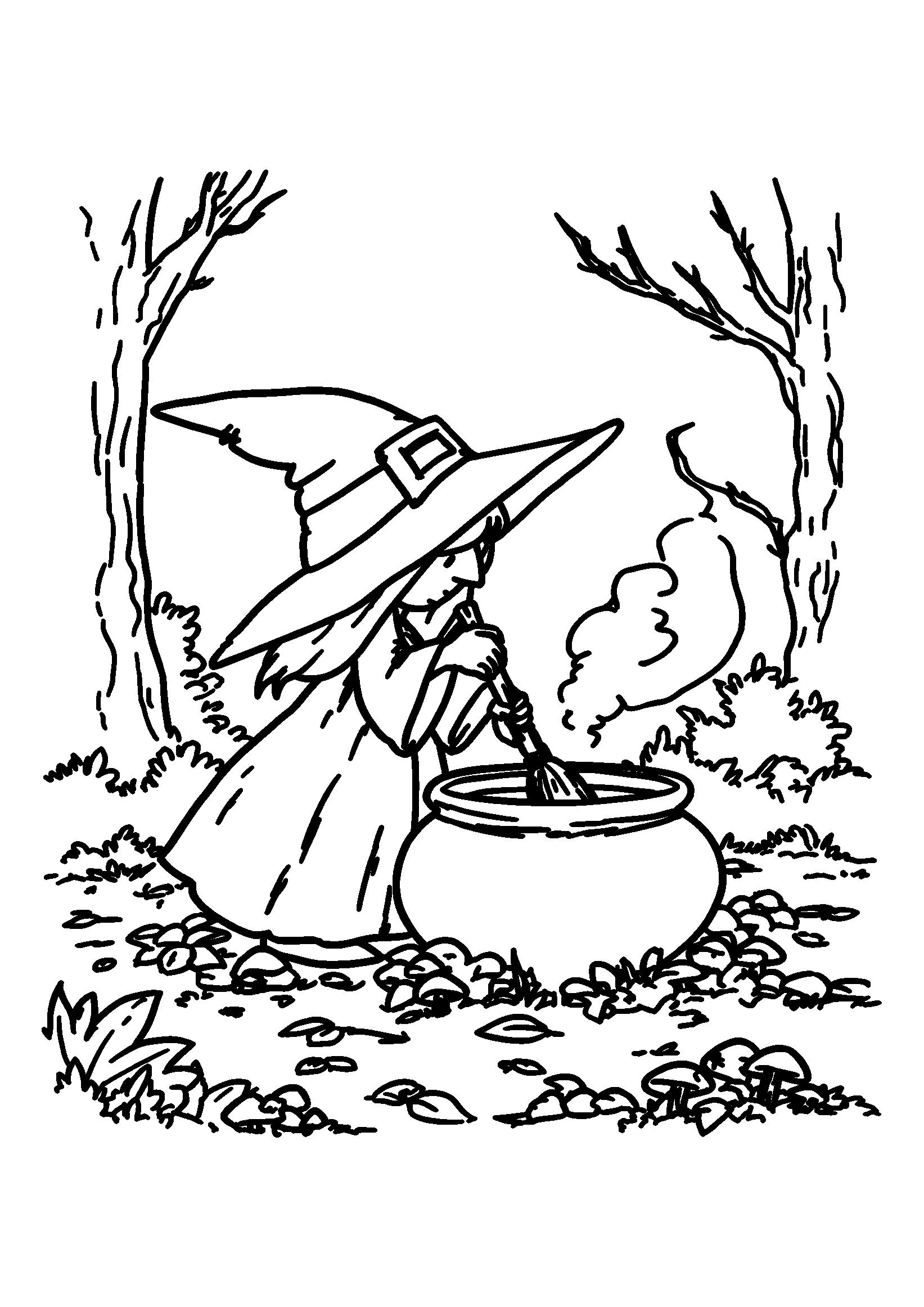 Witch Stirring a Cauldron in a Spooky Forest coloring page