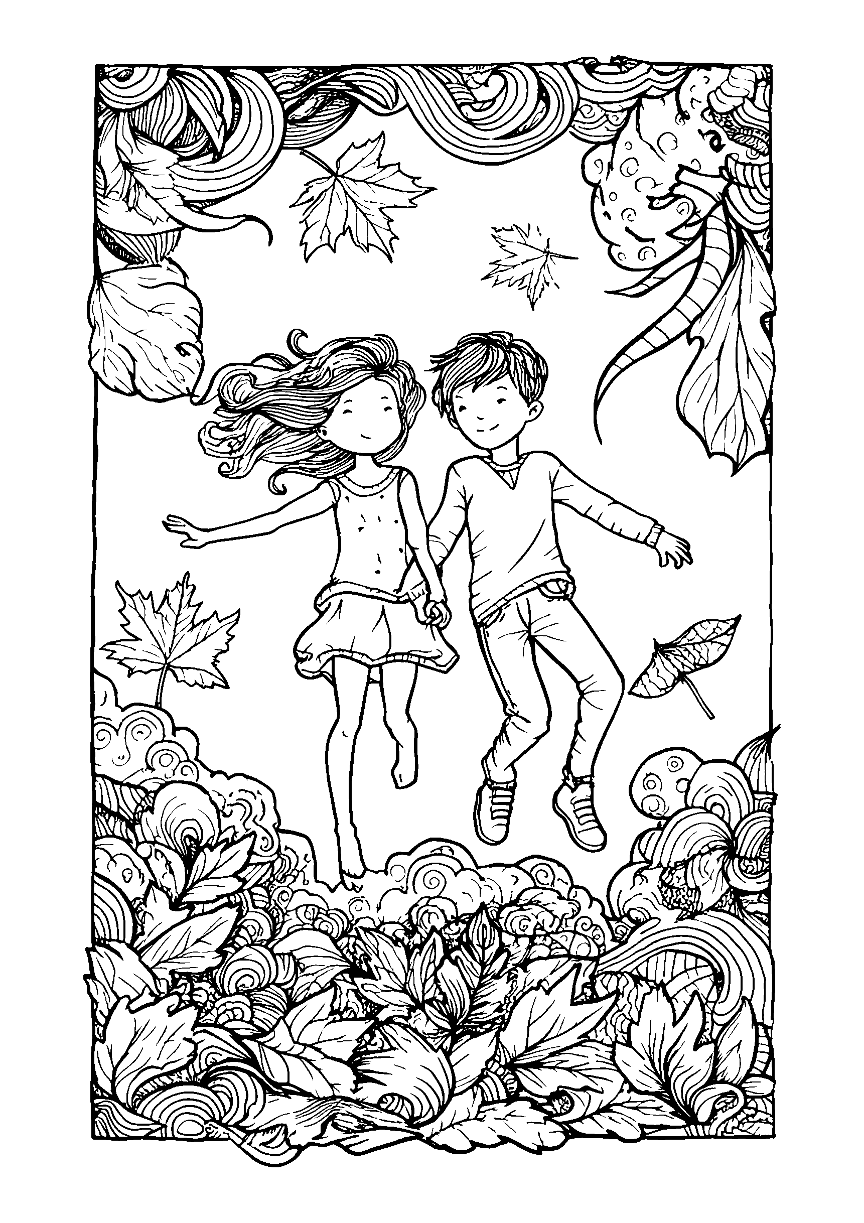 Children Jumping into a Pile of Leaves coloring page