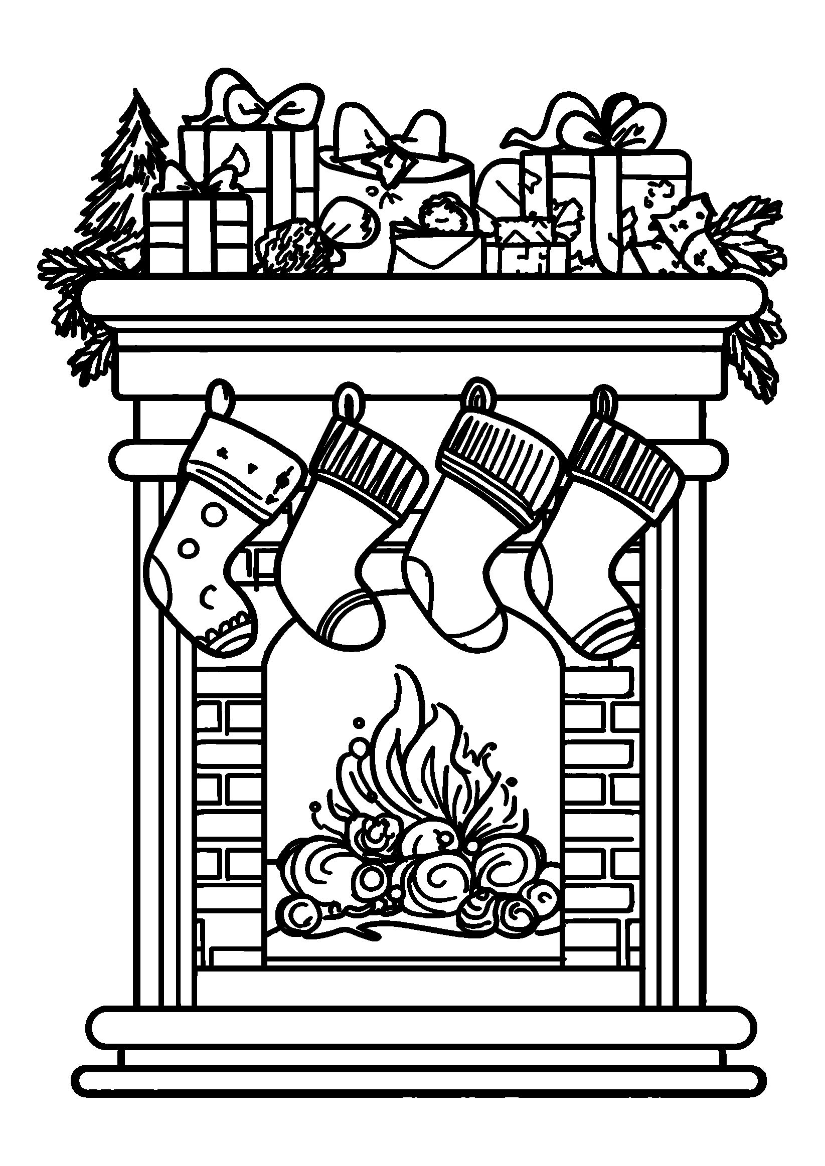 Fireplace Filled with Stockings and Holiday Decorations coloring page