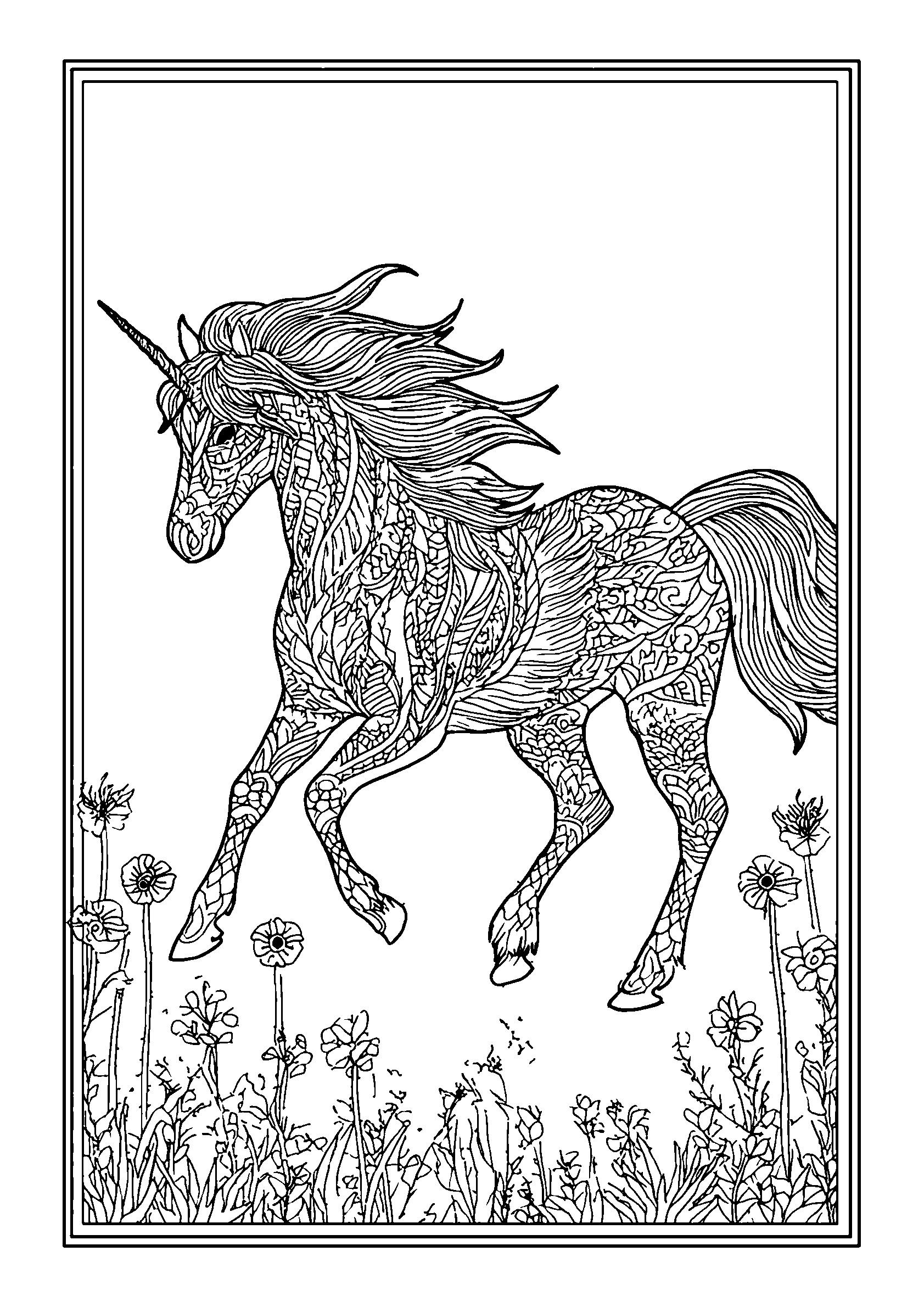 Magical Unicorn Trotting Through a Meadow coloring page