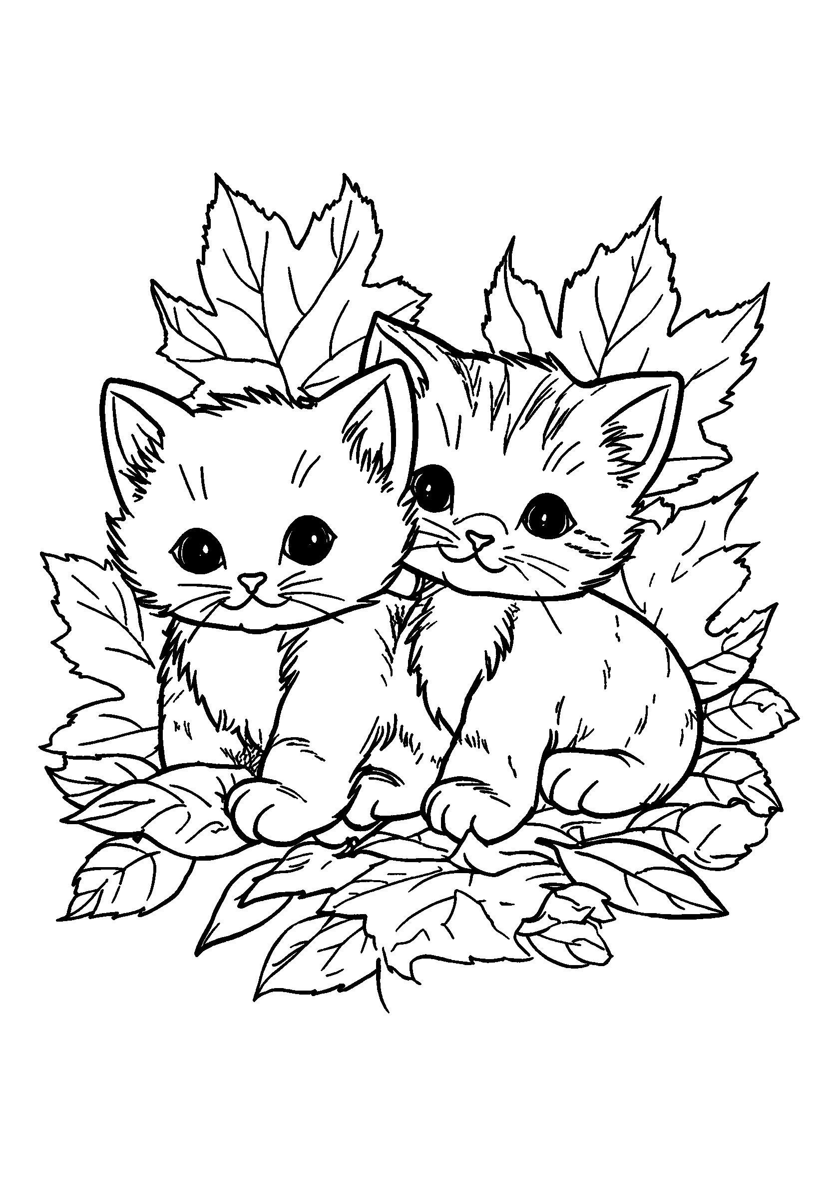 Cuddly Kittens Playing with Autumn Leaves coloring page