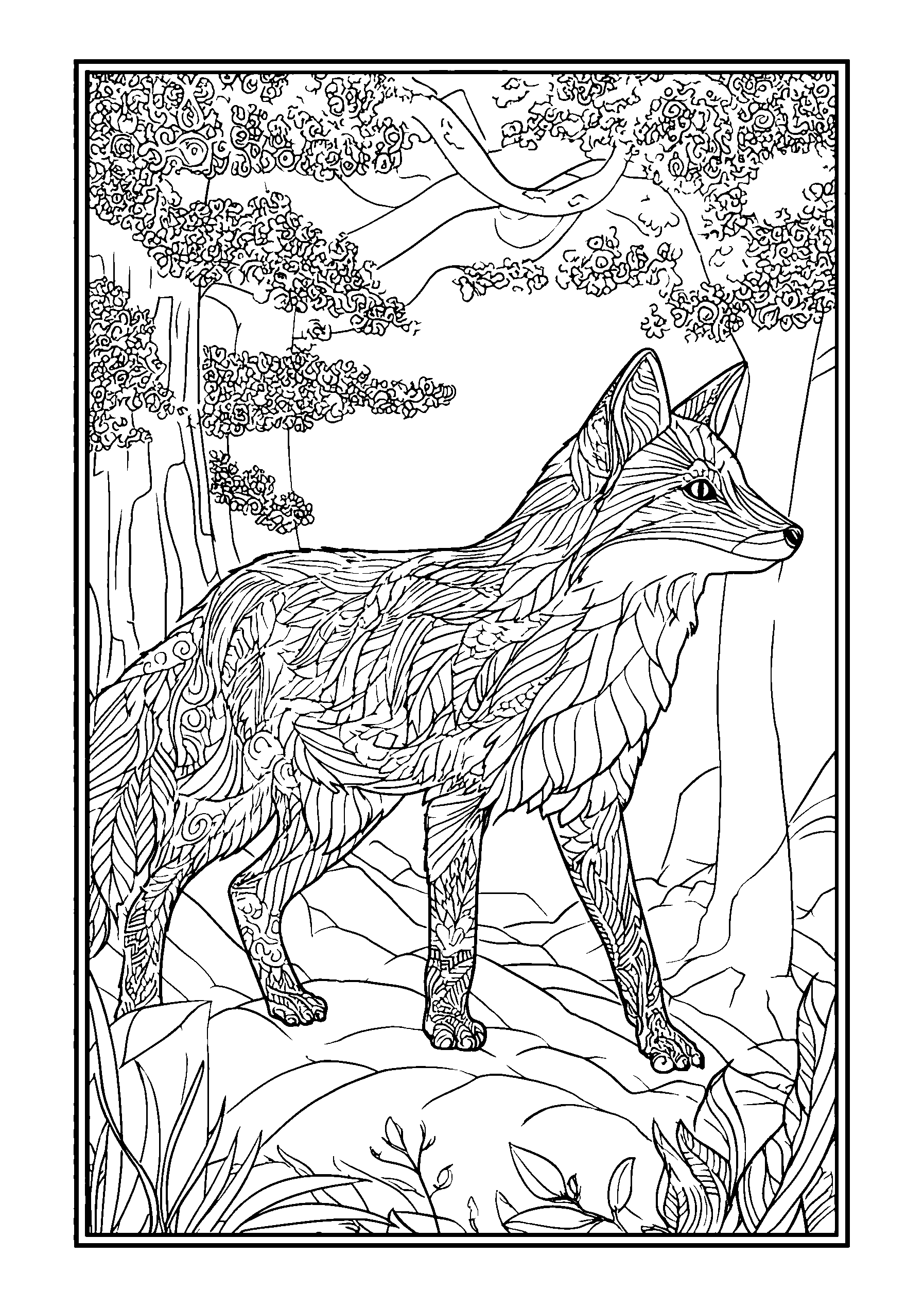 Fox Wandering Through a Misty Forest coloring page