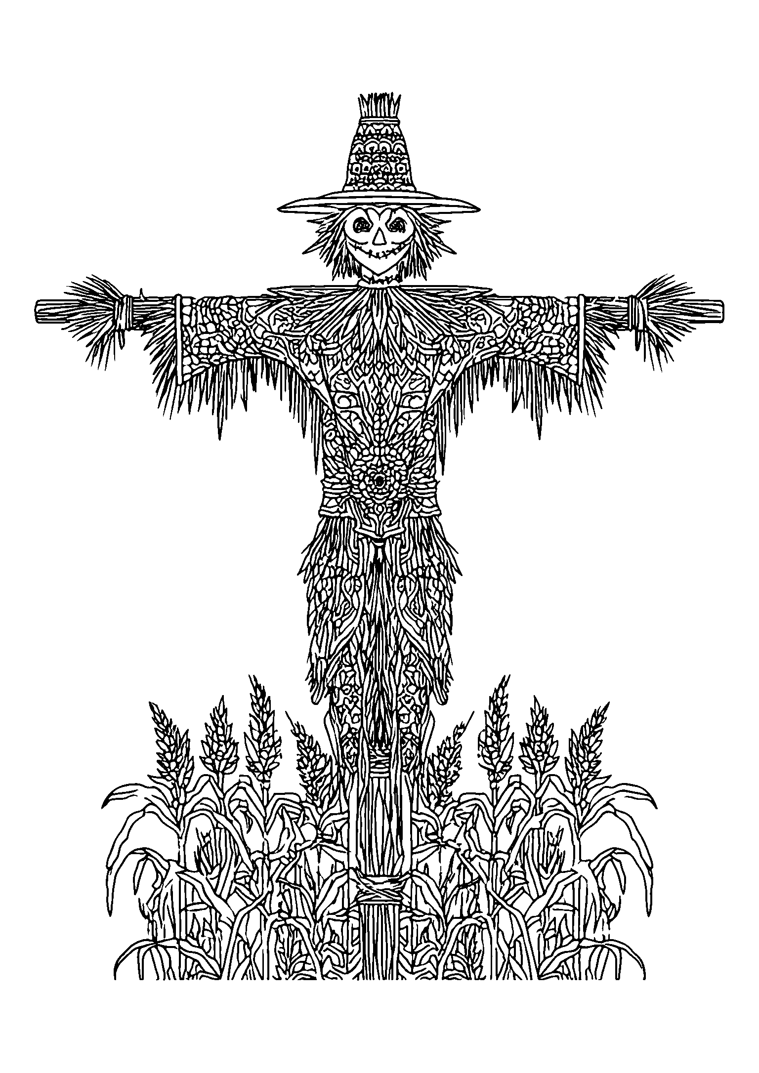 Scarecrow Standing in an Eerie Cornfield coloring page