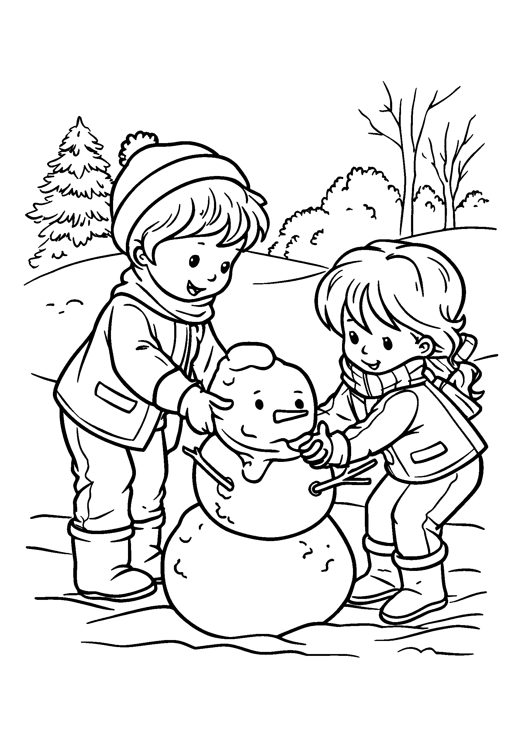 Children Building a Snowman Together in a Park coloring page