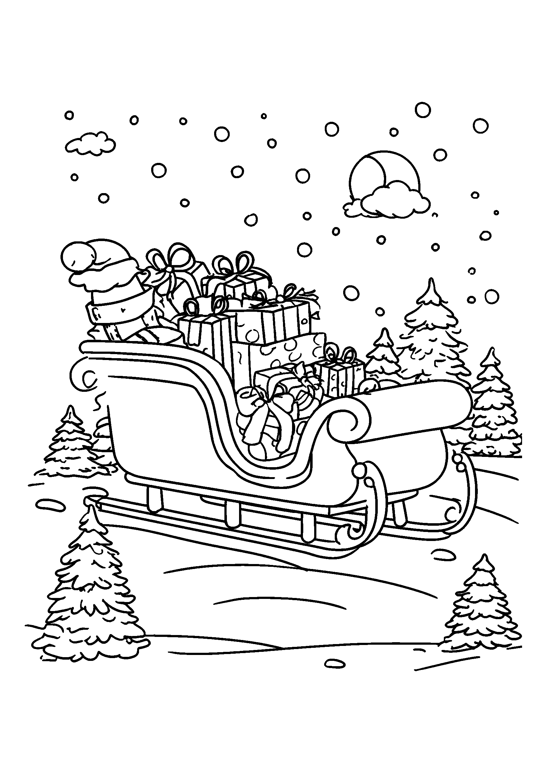 Sleigh Filled with Presents under a Snowy Sky coloring page